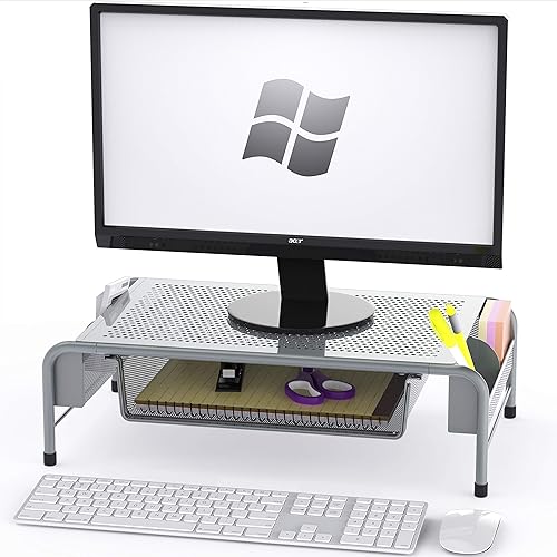 SimpleHouseware. Soporte elevador de escritorio de metal con cajón organizador, Plateado Paquete de 1