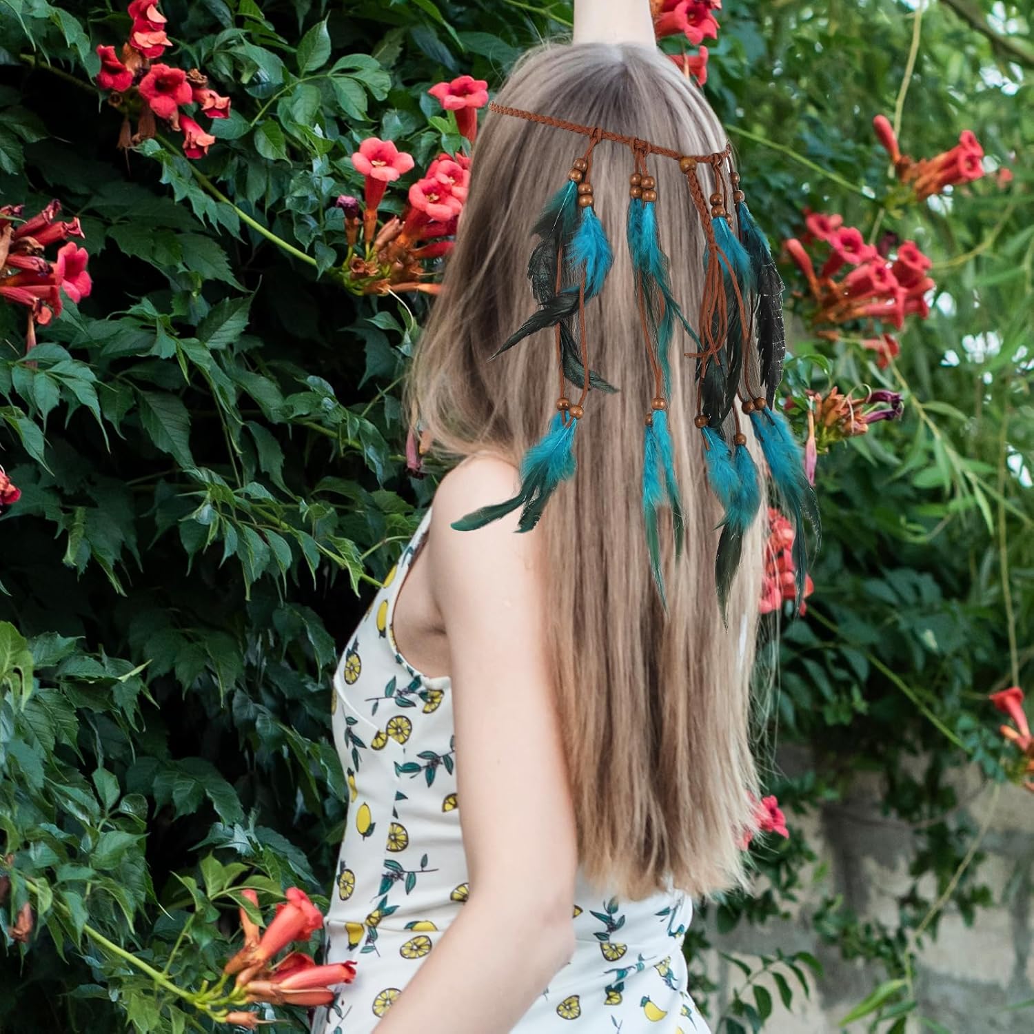 Native American Headband,Blue Indian Feather Headdress for Women,Boho Indian Feather Headband,Hippie Headpiece Gypsy Indians Costume Decor,Native American Hair Accessories for Women and Girls - Image 4