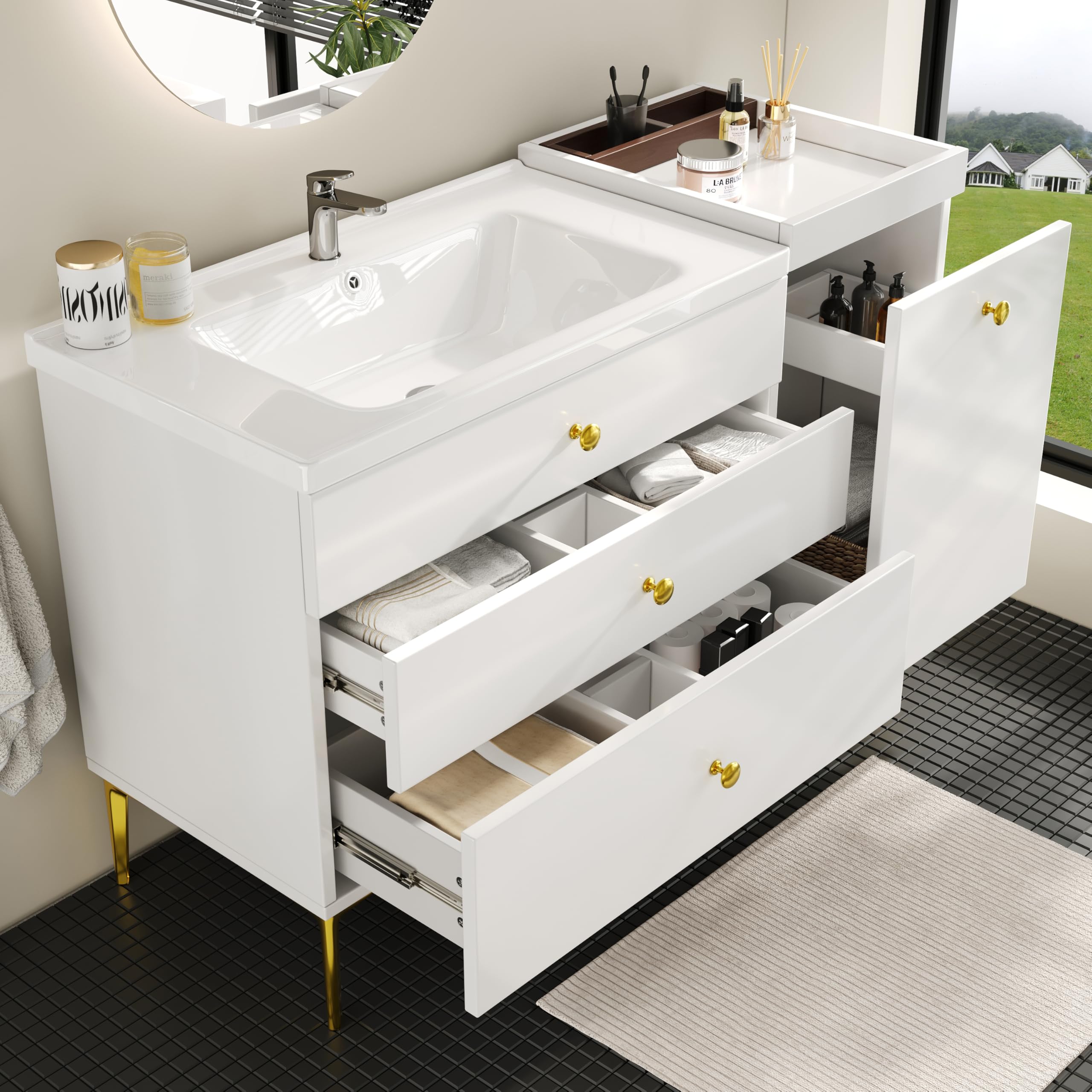SUKY Armadietto da bagno con lavabo in ceramica, mobiletto da bagno con cassetti e armadio, moderno mobile da bagno, 120 x 47,5 x 80 cm, bianco con oro