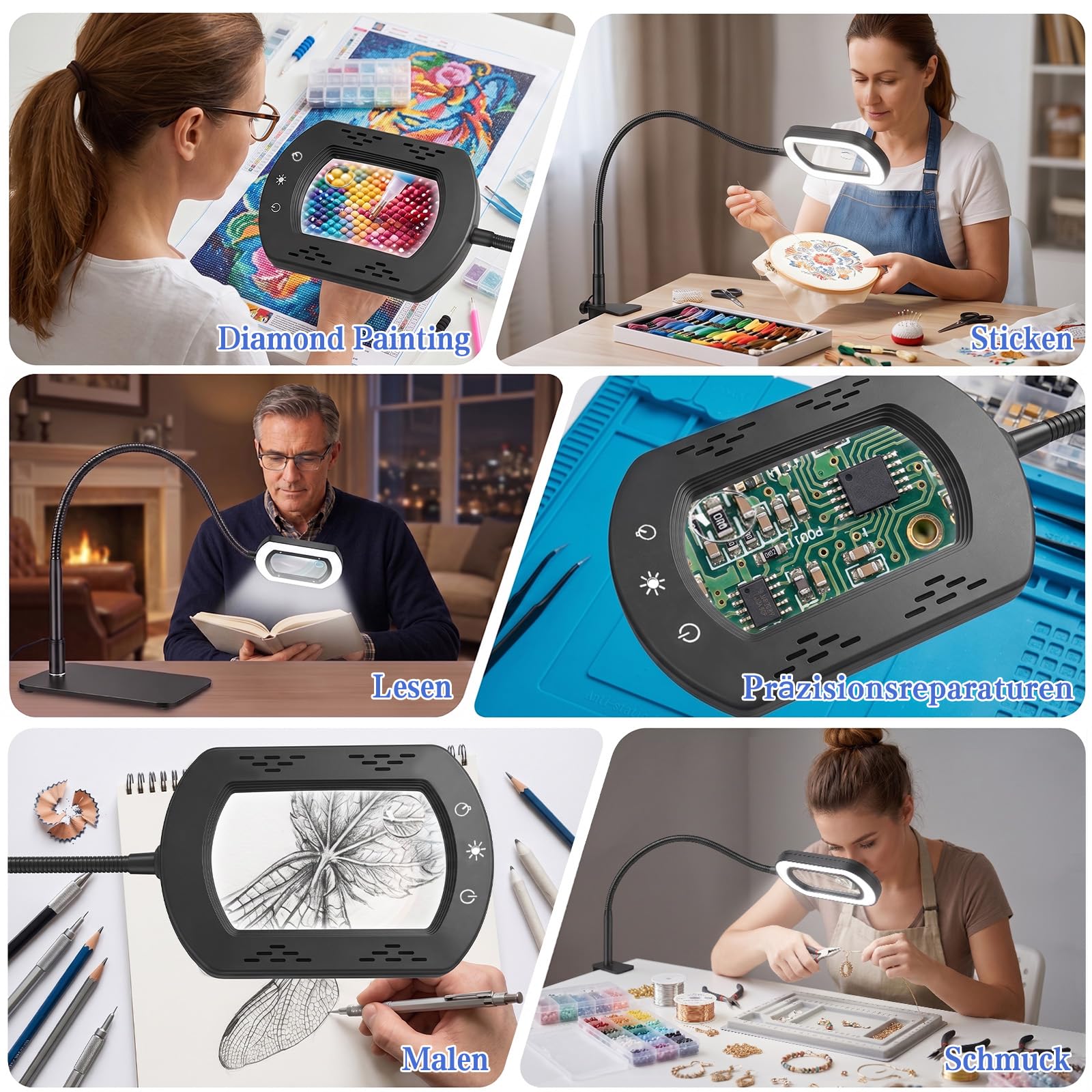 10-fache rechteckige Lupe mit Licht und Ständer & Aluminiumklemme,5 Farbmodi,stufenlos dimmbar,Flexibler Schwanenhals–Diese Lupenlampe ist ideal für Lesen und Diamond Painting