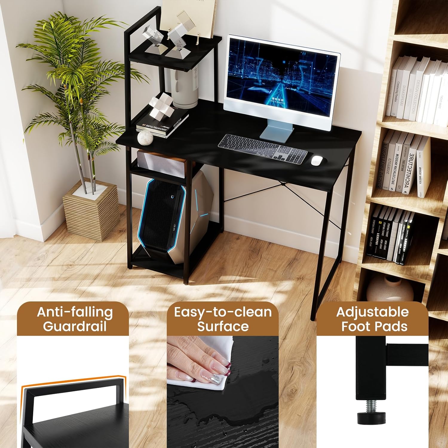 Tangkula Computer Desk with Shelves, Space Saving Home Office Desk with 3-Tier Ladder Shaped Storage Bookshelf, Modern Writing Study Desk with Metal Frame, Compact Computer Workstation (Black)