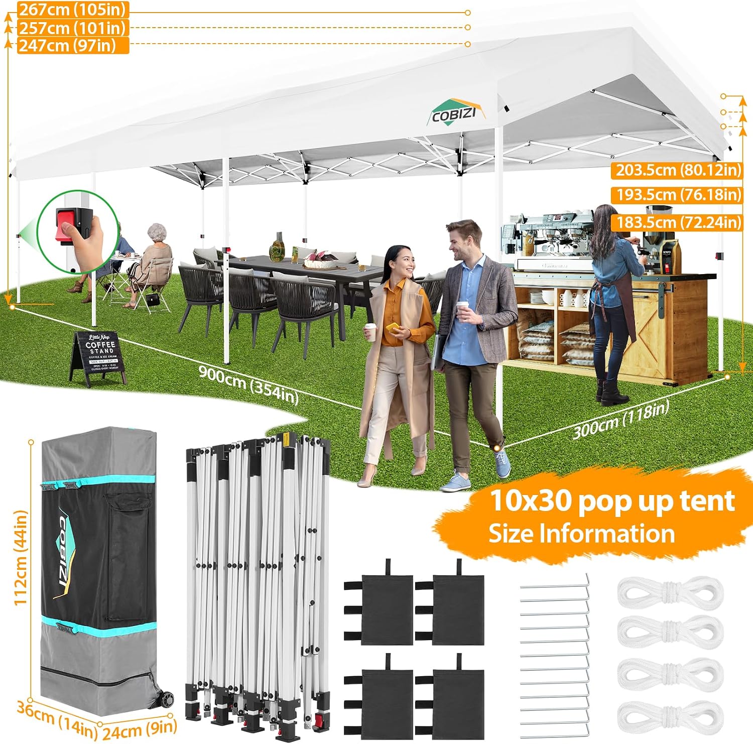 COBIZI Canopy Tent 10x30 Pop up Canopy with 3 Sidewalls Outdoor Party Tent Waterproof 2000mm+&UPF50+,Carpas para Fiestas 10x30 Pop up Gazebo Wedding Canopy with 4 Ropes&4 Sandbags,White