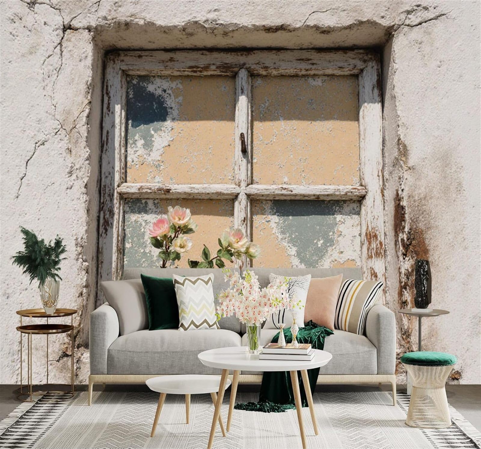 XLMING Pink Flowers Countryside Vintage Window 3D Wallpaper Silky Texture Home Study Office Grey Dining Room Sofa Bedroom Living Room TV Backdrop-250cm×170cm