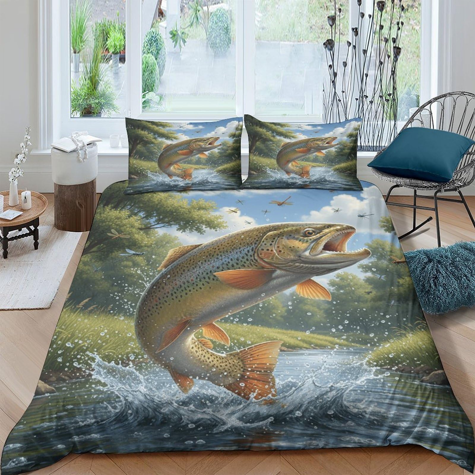 Ctjqhvkz Style-5 3D Printed Jumping Fish Fitted Sheet Microfiber Soft Waterproof River Forest Bed Cover For Bedroom Guest Room Decor Single（135X200cm）