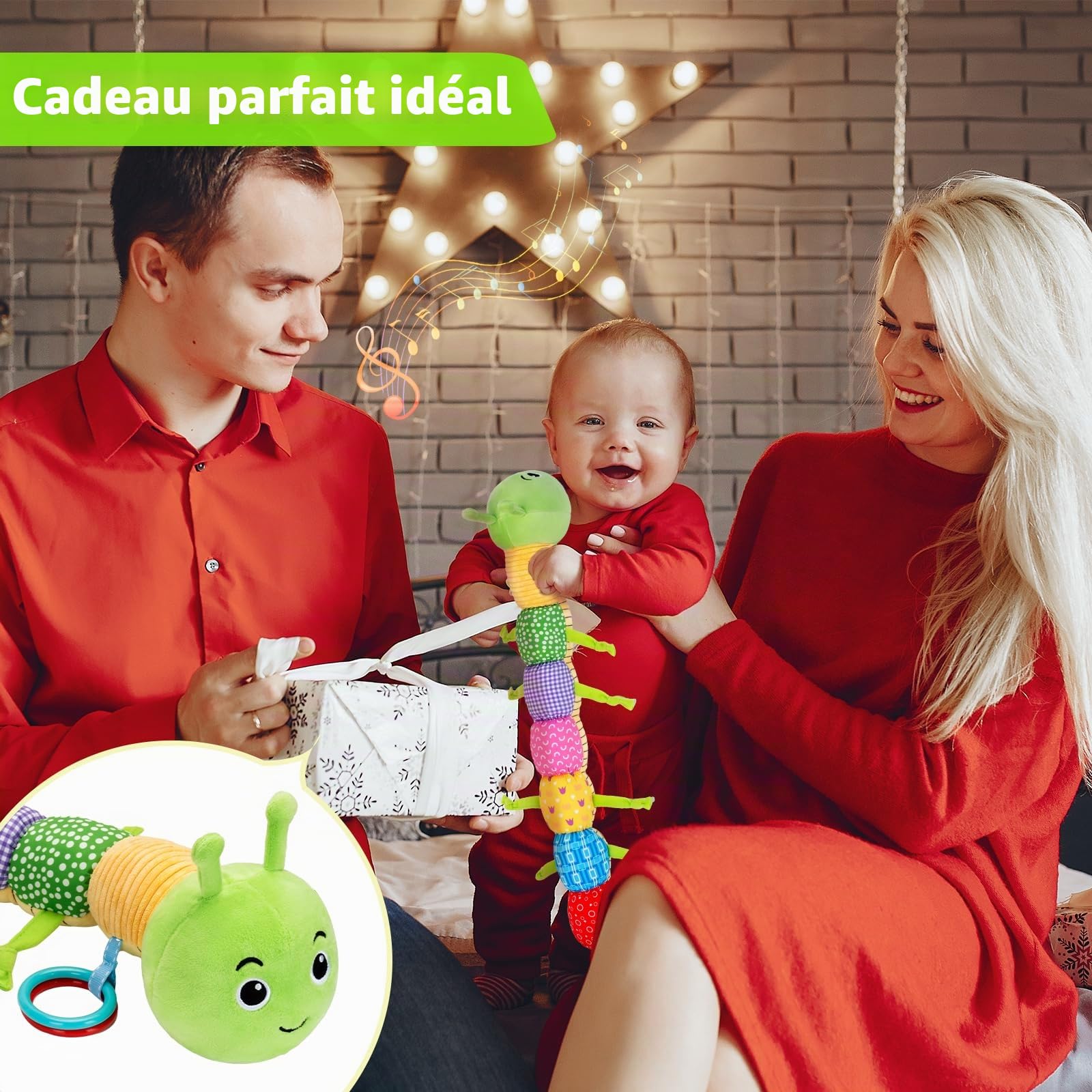 Accevo Jouet sensoriel pour bébé de 0 à 6 mois - Jouet en peluche - Chenille - Jouet pour tout-petit de 0 à 3 à 6 mois - Avec miroir pour bébé - Hochet froissé - 6-12 mois - Cadeau de Pâques