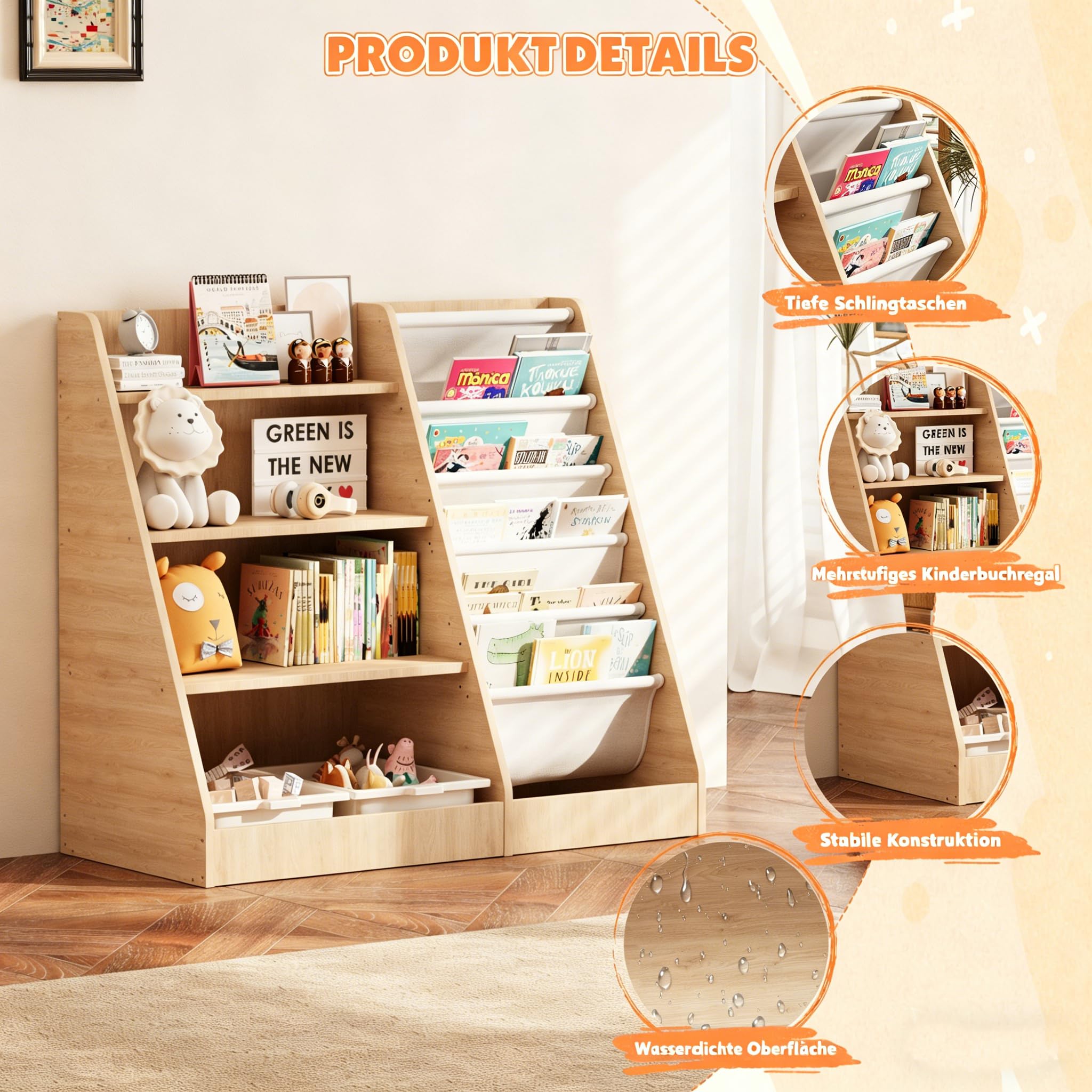 KEEPREAPER Kinderregal Bücherregal für Kinder 90x40x80cm, mit 5 Ablage und 4 offenen Fächern, Holz, Spielzeugregal, Spielzeug-Organizer für Kinderzimmer, Natur
