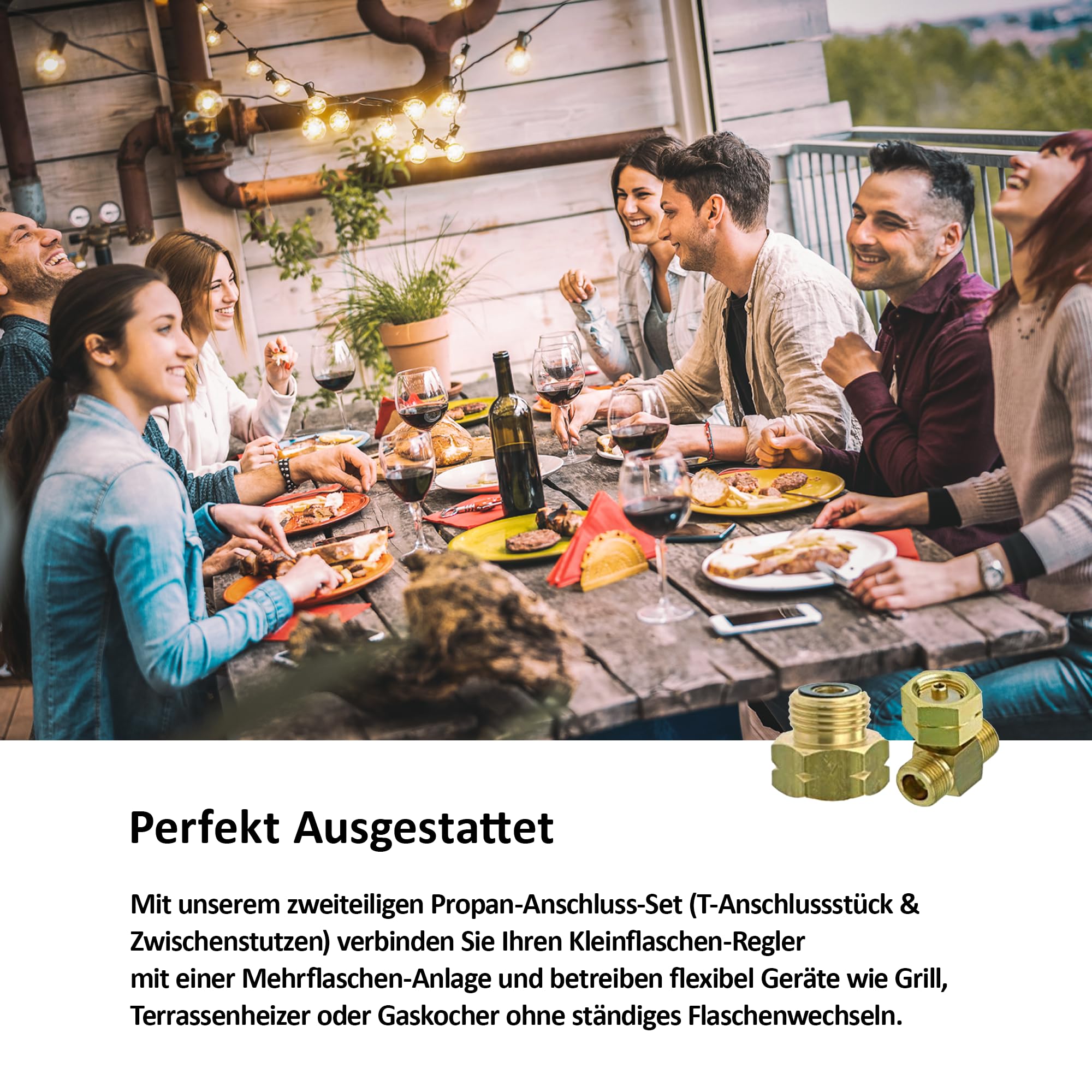 Anti-Vereisungsset für Propangasflaschen, Anschluss für Mehrflaschenanlage, Zwischenstutzen und Gasschlauch, zum gleichzeitigen Betrieb mehrerer Gasflaschen inkl. Polybeutel