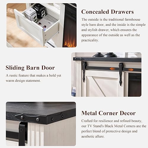 Miniatura 6 de JXQTLINGMU Soporte de TV con chimenea de granja para TV de 75,80 pulgadas, centro de entretenimiento de 32 pulgadas de alto con 4 cajones y puerta