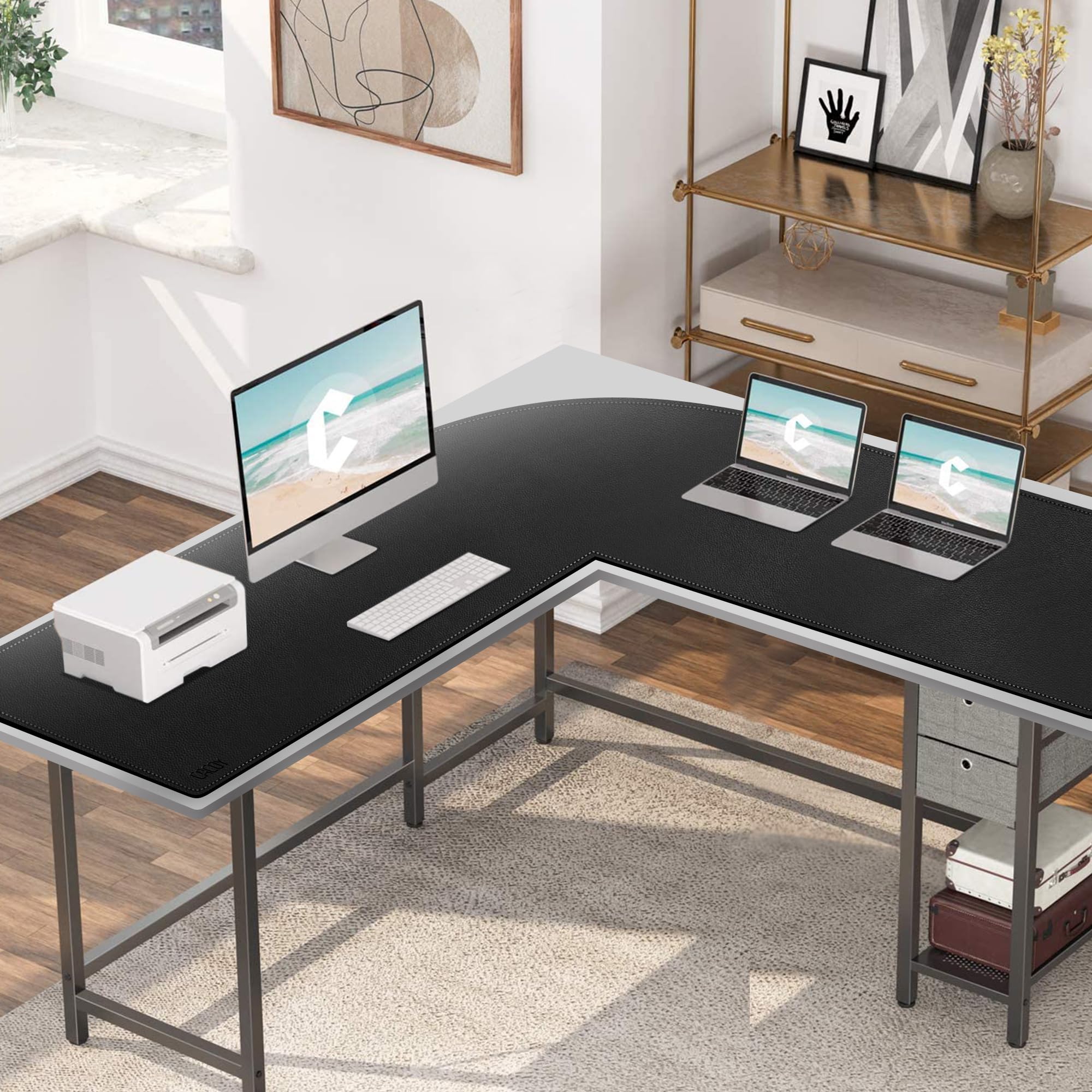 Cacoy L-förmiger Schreibtischunterlage, PU-Leder Ecke Computer Tischunterlage, 150 x 160 x 50 cm L-Form Gaming Mauspad, Großes Wasserdicht Schreibtischunterlage (Schwarz)