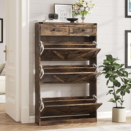 Miniatura 9 de Zapatero con 3 cajones abatibles y 2 cajones, armario independiente de almacenamiento de zapatos para entrada, estante organizador estrecho y