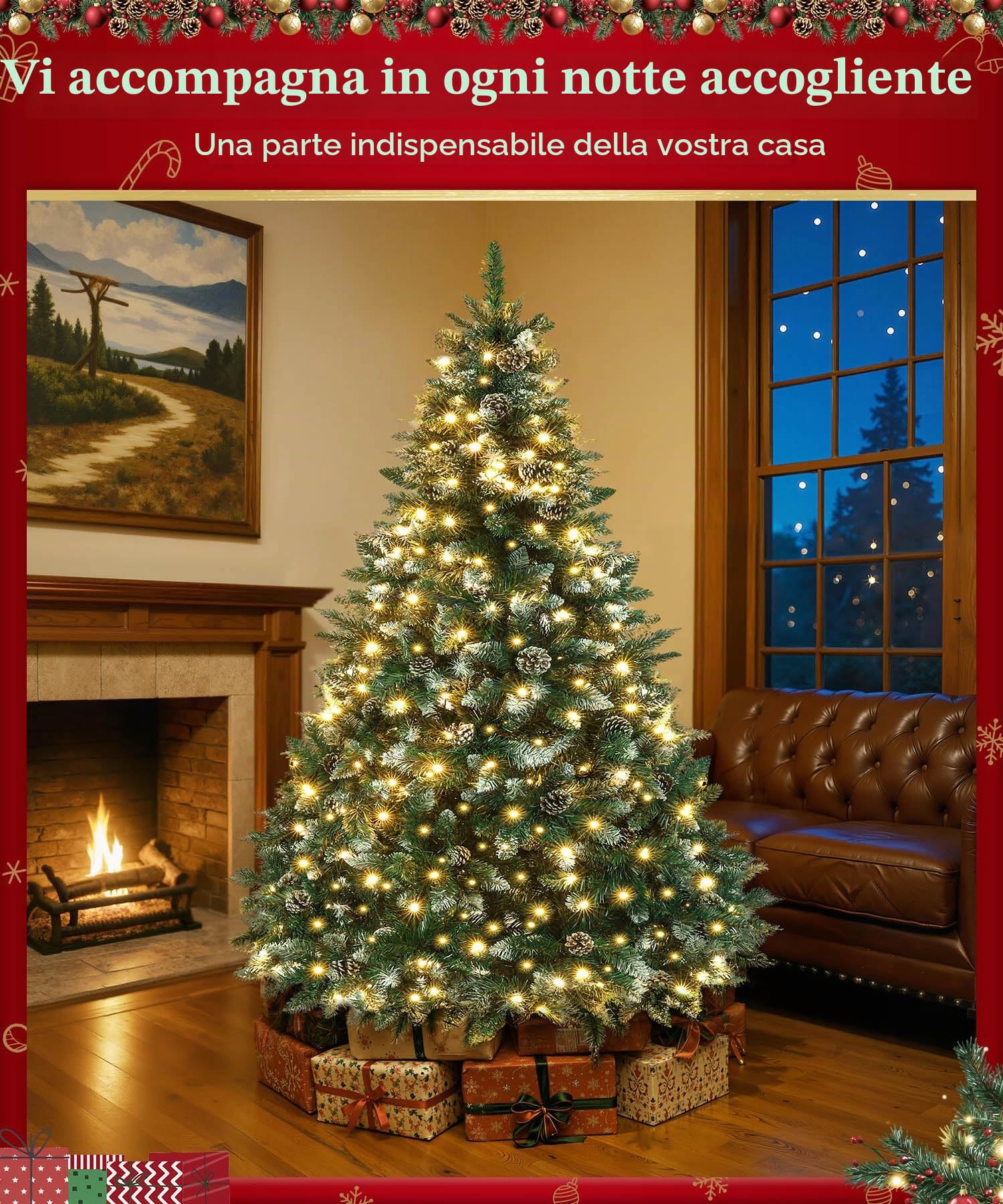 Yorbay Albero di Natale Artificiale con Illuminazione e Neve Bianca, Albero di Natale a LED per Decorazioni Natalizie con Pigne vere, Resistente al Fuoco (210 cm)