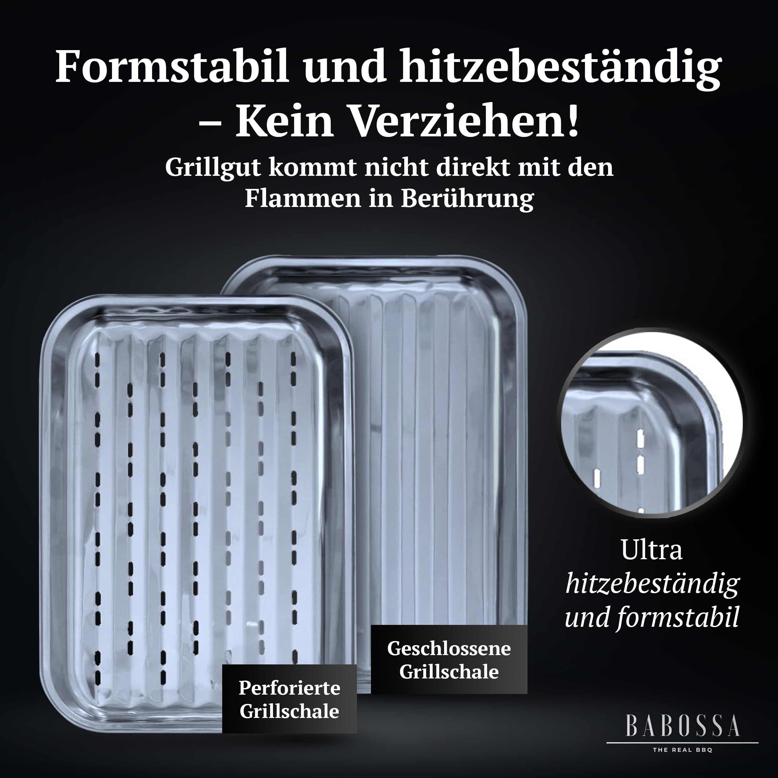 BABOSSA Grillschale (2er-Set) – Hochwertige Grillschale Edelstahl – Wiederverwendbar, spülmaschinenfest und rostfrei – Perfekt für Gemüse, Fisch & Fleisch – 100% Made in Germany