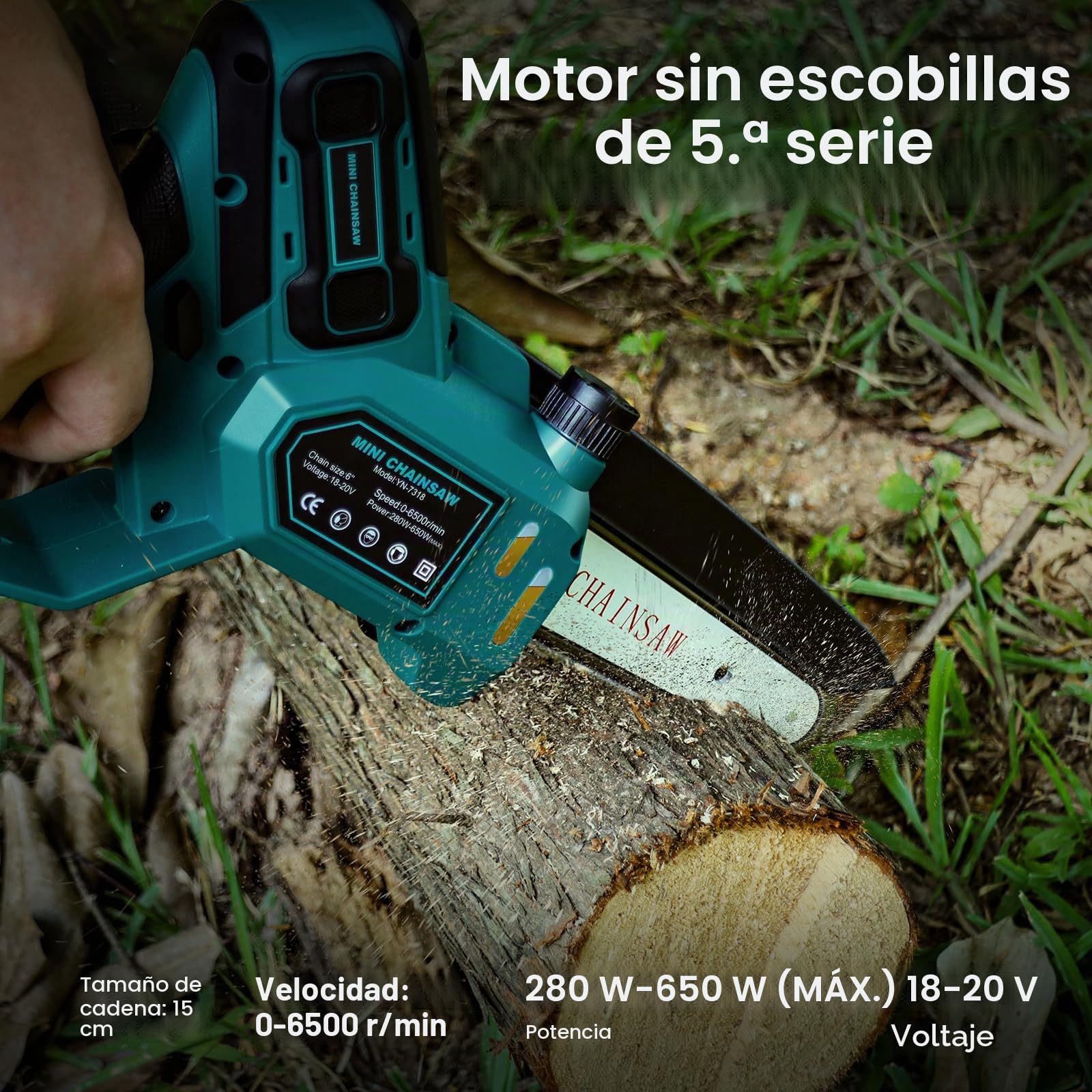 QUPERR Mini motosierra 15 cm compatible con batería Makita 18V | motosierra de poda brushless con lubricación automática para cortar madera y jardín (sin batería ni aceite de cadena)
