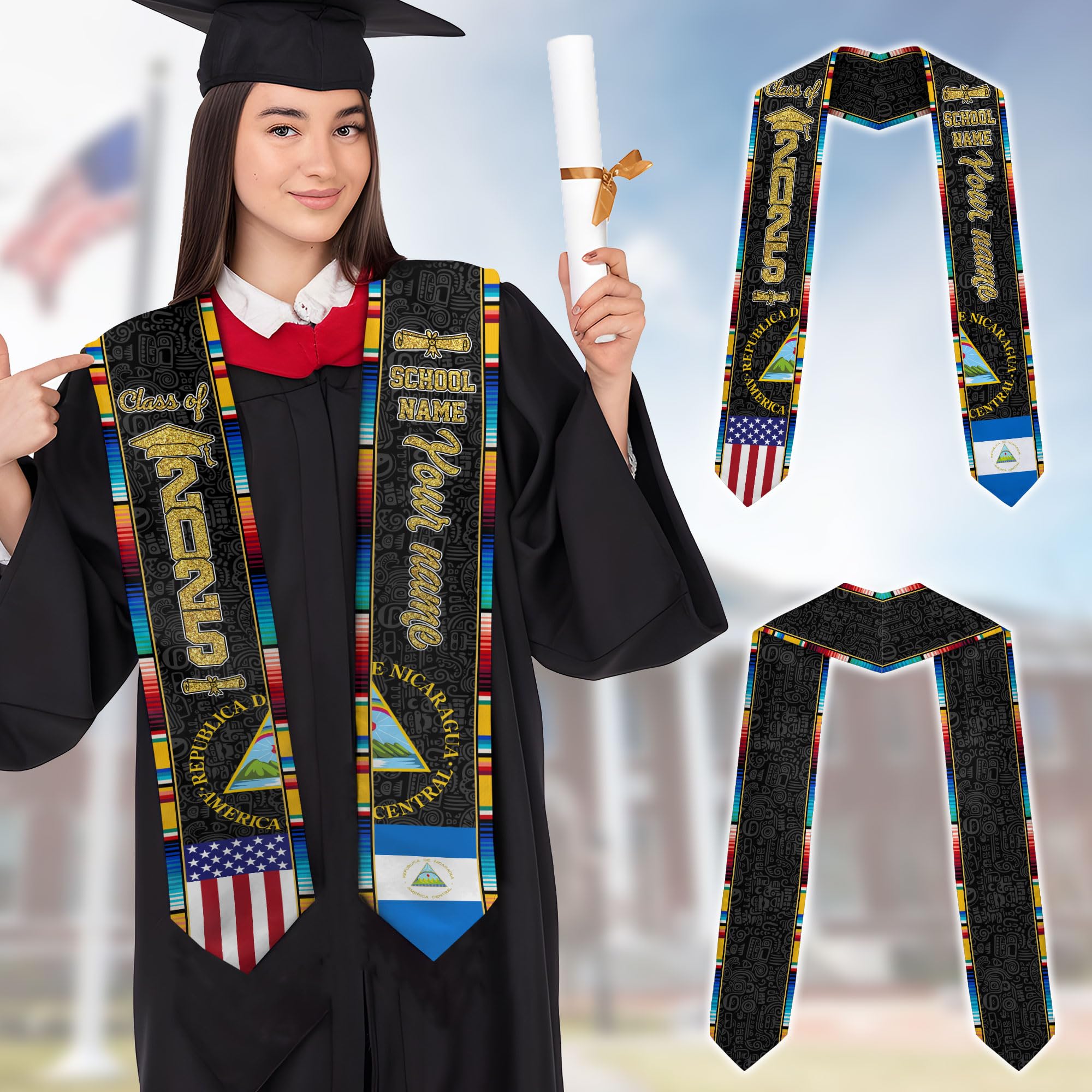 MonkeyVan Custom Nicaraguans Graduation Sash 2025, Nicaragua Graduation Stole, Nicaraguans American Flag Graduation Sash 2025 Ncrg 4