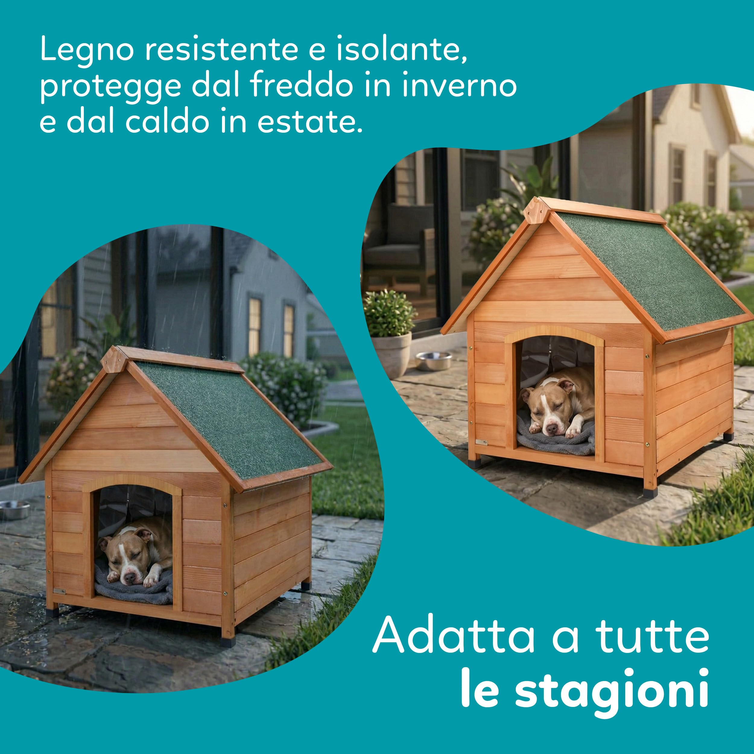 AQPET Cuccia per Cani in Legno M da Esterno con Tetto Spiovente Impermeabile e Tenda Termica, Casetta Cane Isolata per Interno ed Esterno, Resistente alle Intemperie, 87x116x96h cm