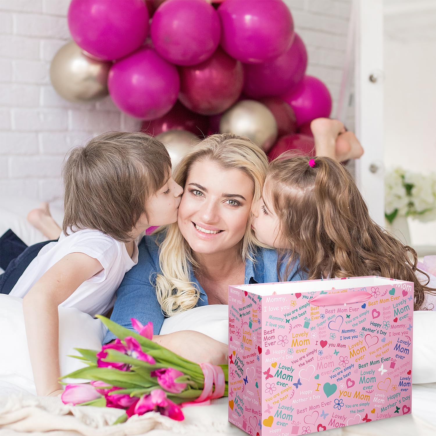 Lyforpyton 12.6" Medium Mother's Day Bag with Tissue Paper and Card for Mom, Grandma, Floral Gift Bags with Cards for Woman, Suitable for Mother's Day （ 2PCS ）