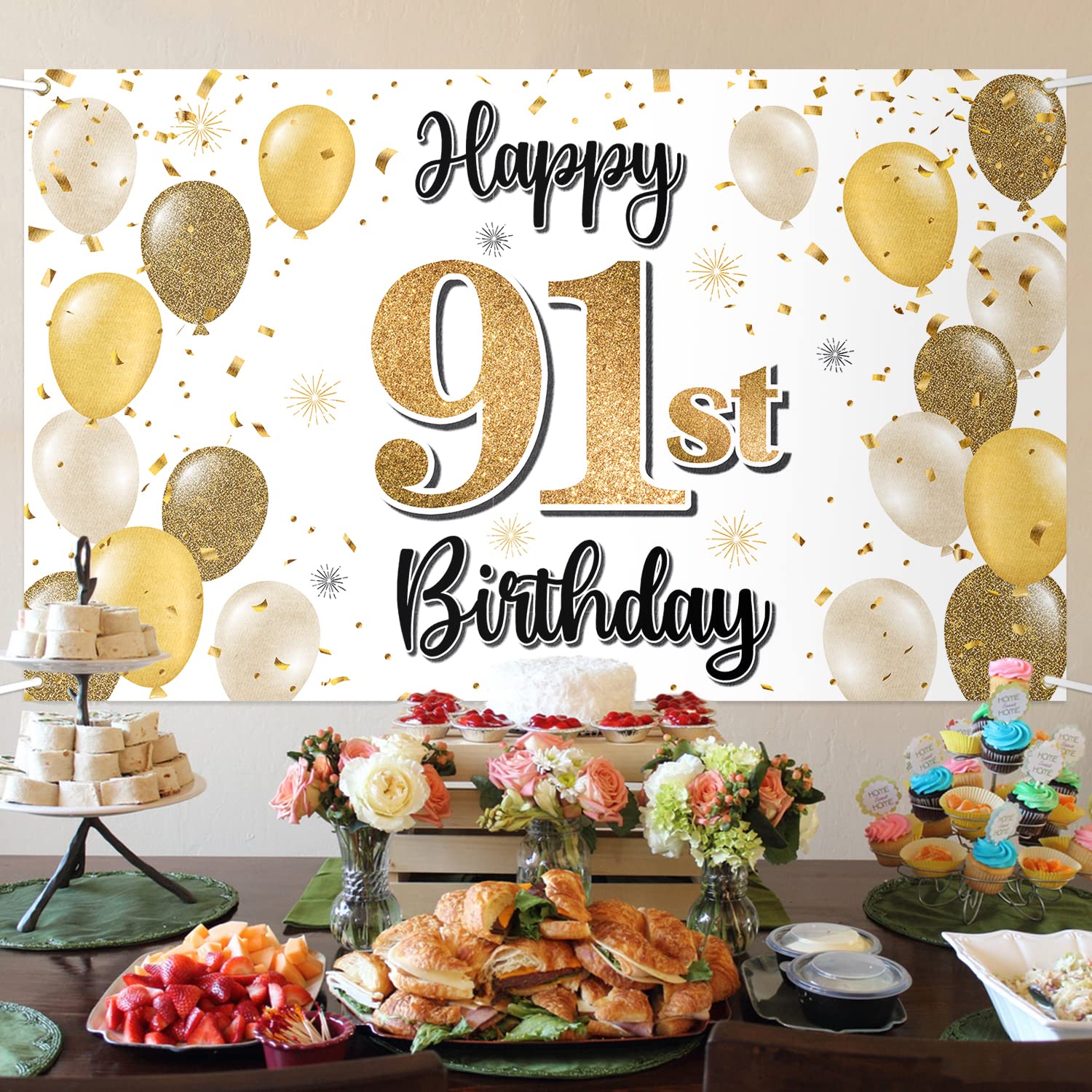 PAKBOOM 91. Geburtstag Banner – 1,2 X 1,8 M, Schwarz-gold, Mit Aufhänge-Schnüren
