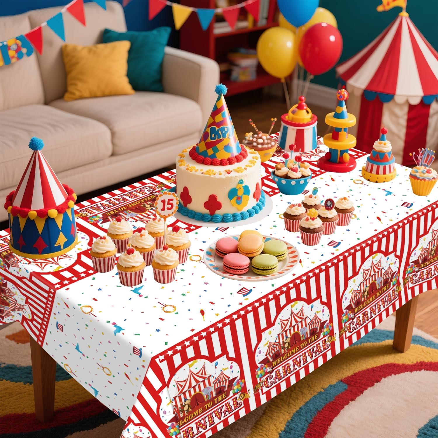 4 Pack Carnival Party Tablecloth - Circus Party Decorative, Red and White Stripe Tablecover Carnival Table Cloth, for Summer Circus Birthday Decorations (51 x 86 Inches)