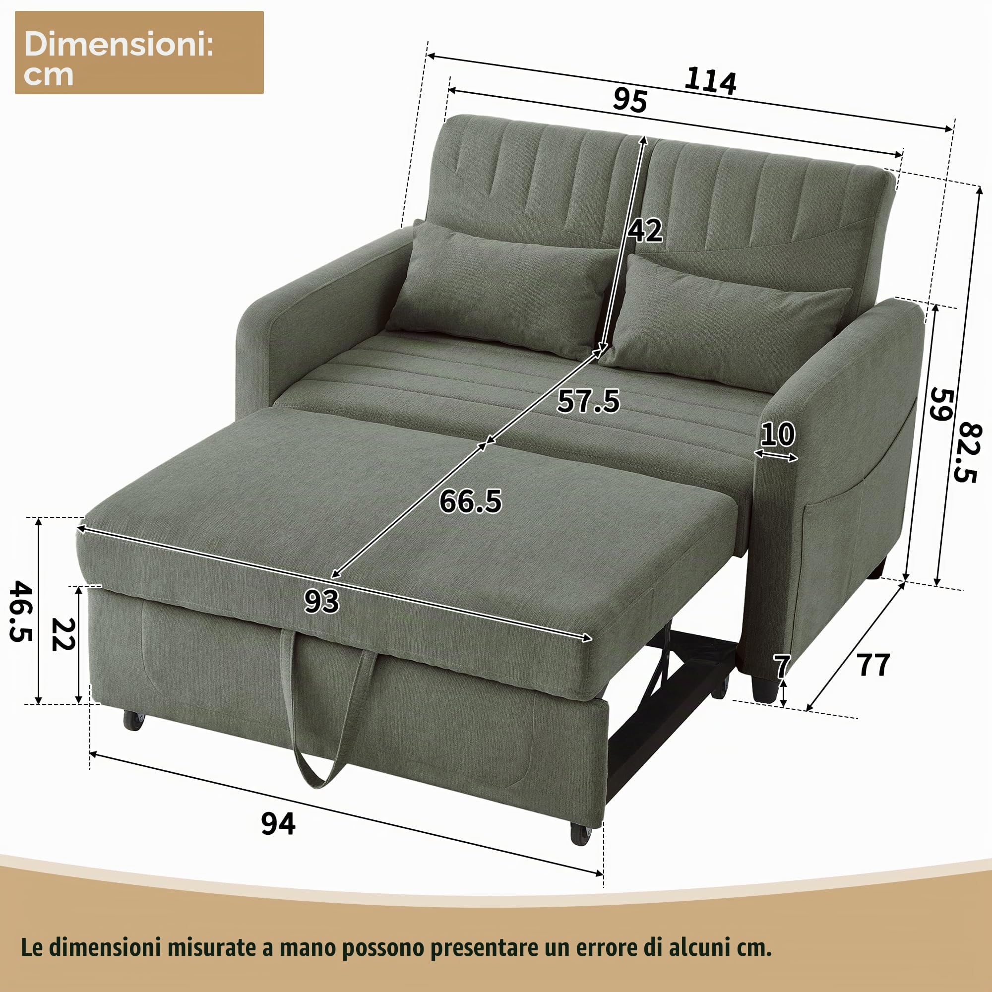 Divano letto a 2 posti con funzione di sonno, piccolo divano letto, 166 x 114 cm, divano pieghevole 3 in 1, allungabile con schienale regolabile, tasche laterali, tessuto di cotone e lino (verde