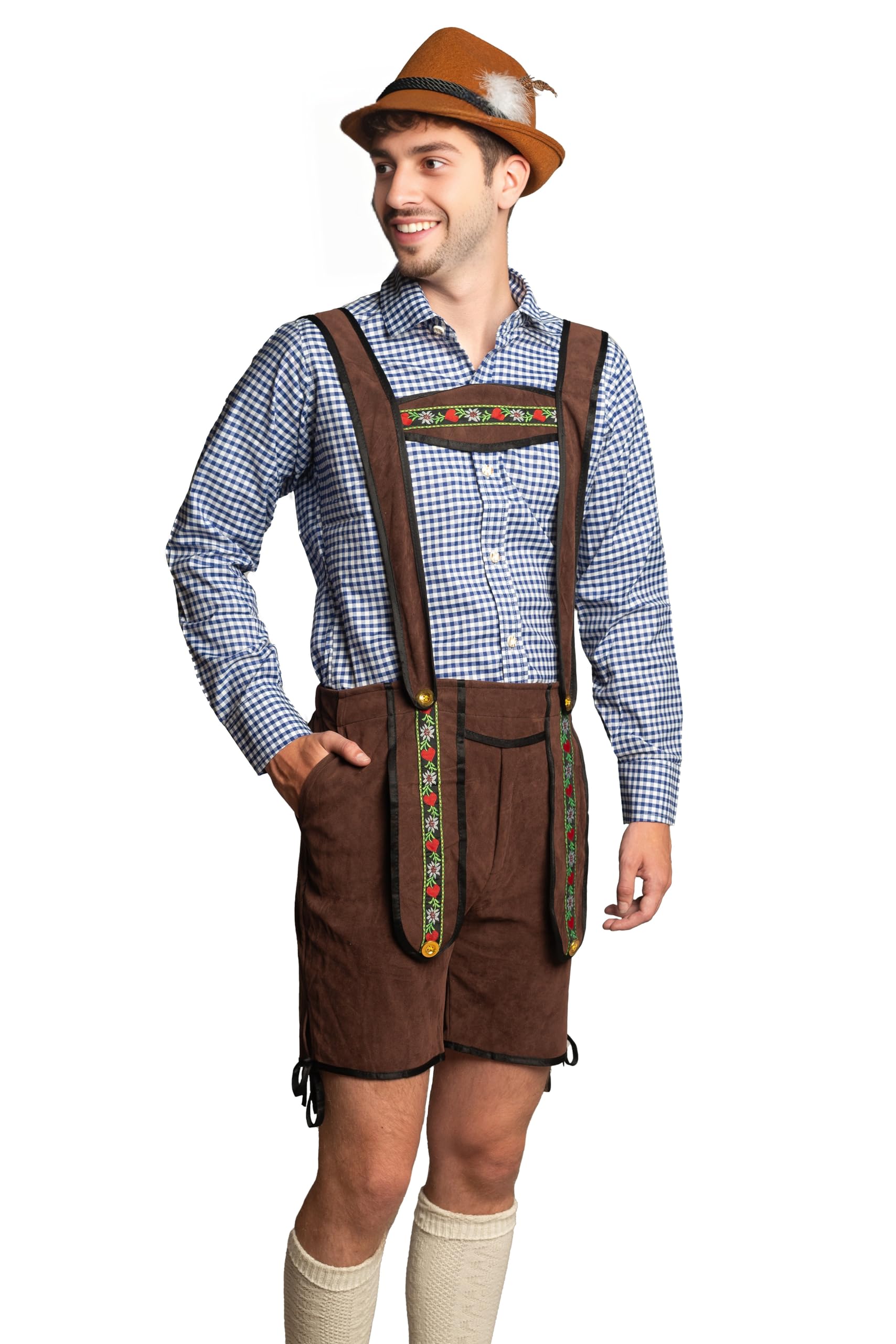 Partychimp Oktoberfest Homme's Lederhosen et chemisier (Courte Marron Foncé Polyester Lederhosen avec bretelles + Oktoberfest Chemise Bleu or Rouge) - Taille S à 2XL