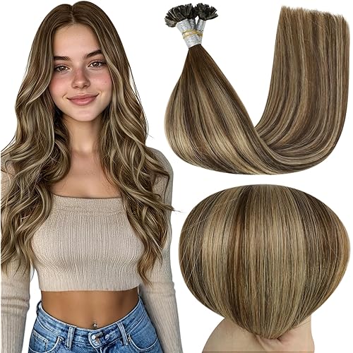 Full Shine U Tip Hair Extensions Human Hair Medium Brown Ombre to Brown and Honey Blonde 14 Inch Remy Hair Prebonded Fusion Extensions 40 Grams Ktip Human Hair Extensions