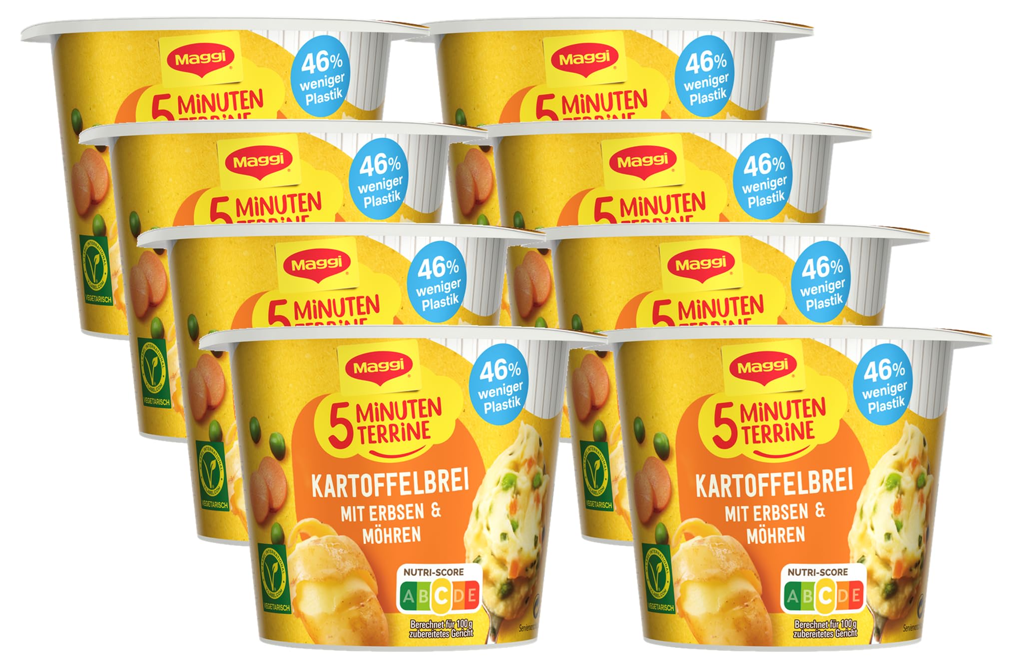 MAGGI 5 Minuten Terrine Kartoffelbrei mit Erbsen und Möhren, leckeres Fertiggericht mit Gemüse, Instant Kartoffel-Püree, Kartoffel-Snack, 8er Pack (8 x 43g)