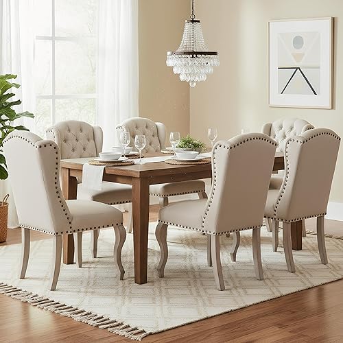 Linen Dining Chairs Set of 6, Farmhouse Dining Room Chairs with Tufted Wingback, Upholstered French Country Parsons Kitchen Chairs Side Accent Chair for Home/Restaurant, Cream