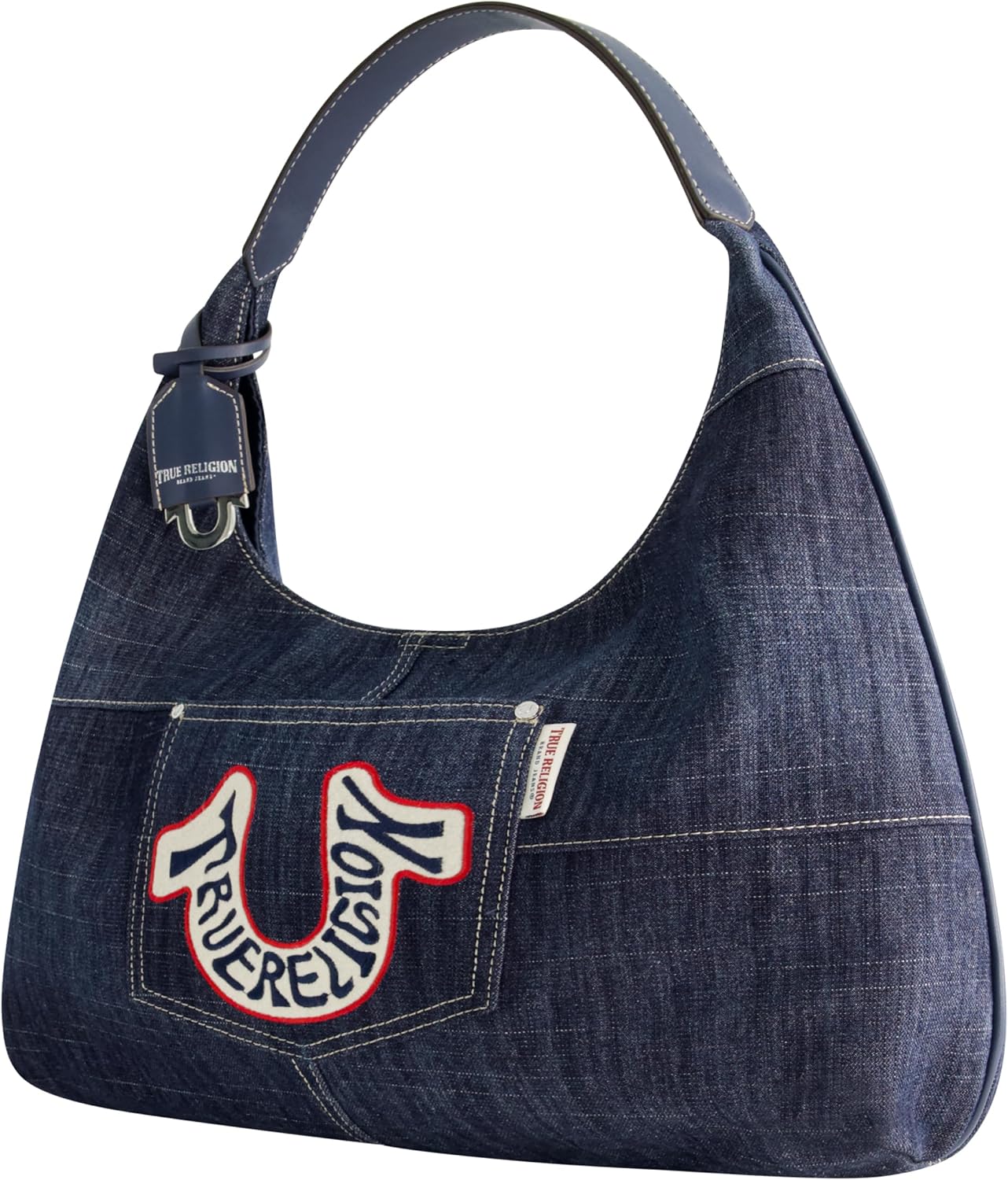True Religion Retro Denim Hobo Bag, Oversized Horseshoe Logo Shoulder Purse with Patchwork Style Hand Bag, Dark Denim