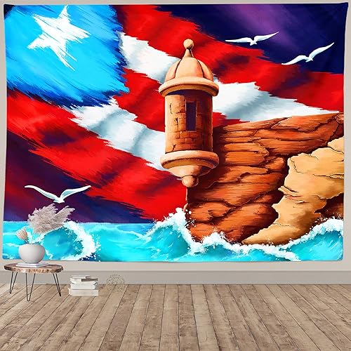 HGSCHYU Puerto Rico Coastal Flag Tapestry Aesthetic Bohemian Wall Hanging