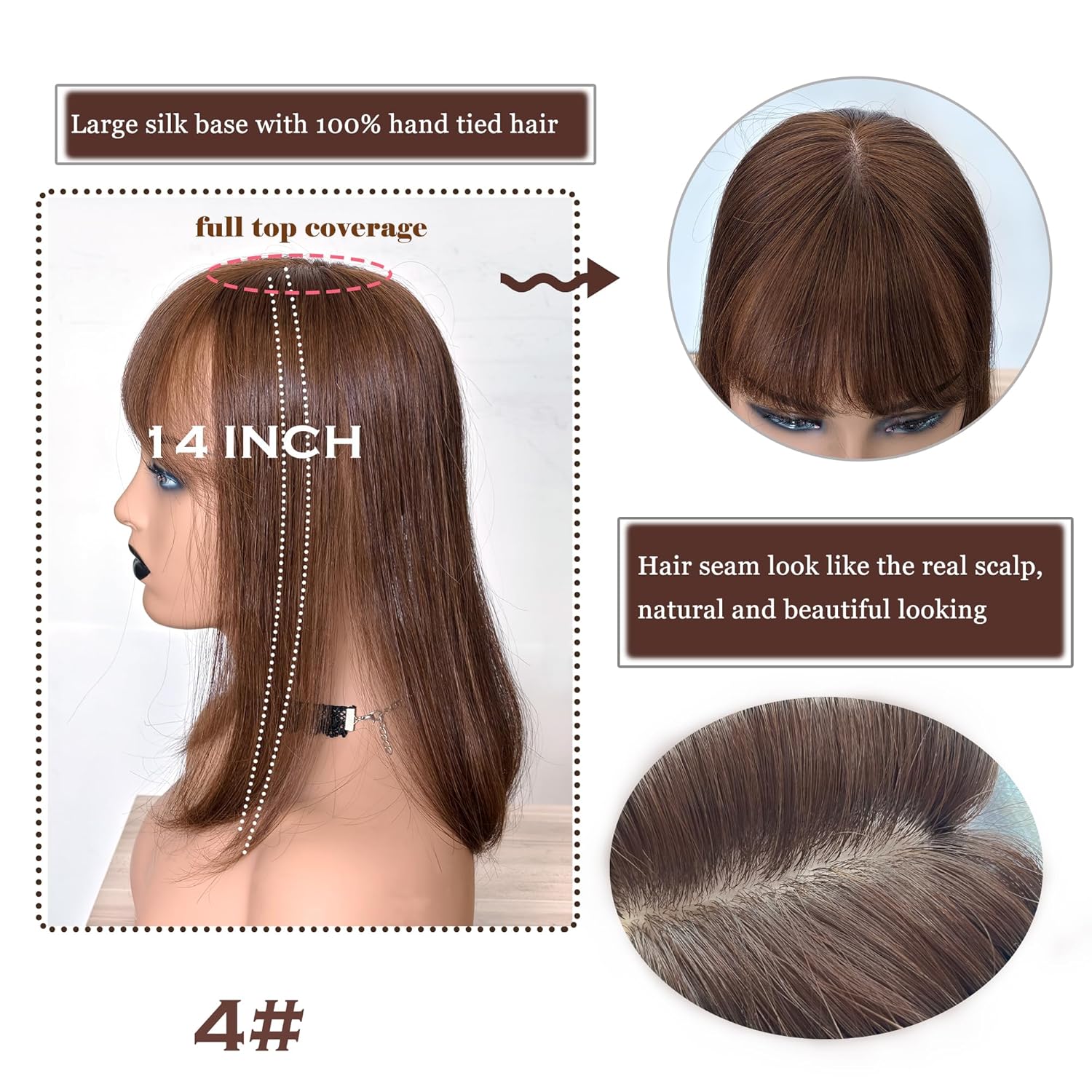 Hair Topper with Bangs Crown Coverage 5 * 5.5'' Cap size, 130% Density Straight Remy Hair Full Hand Tied Hair Piece (Medium brown, Bangs 4#, 14 Inch)
