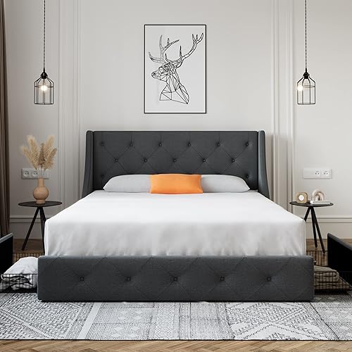 Miniatura 3 de SHA CERLIN Marco de cama tapizado de tamaño matrimonial con 4 cajones de almacenamiento y cabecera con respaldo de ala, diseño capitonado de botón