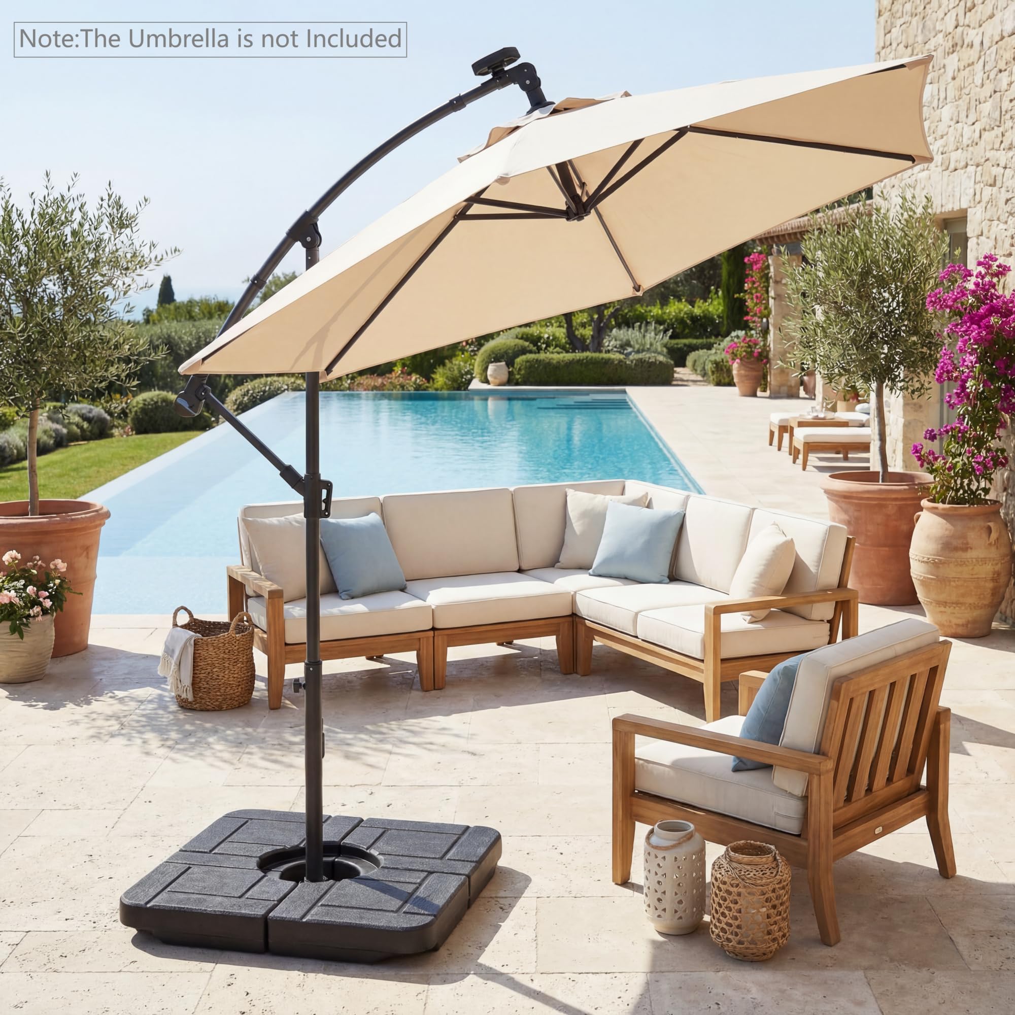 RELAX4LIFE Lot de 4 Dalle de Parasol Excentré à Remplir 84 KG en HDPE, Noir | Base Carrée Lestables pour Parasol Déporté 2-3M, Remplissage d'eau 48L/ Sable 68KG avec Poignée pour Jardin Cour