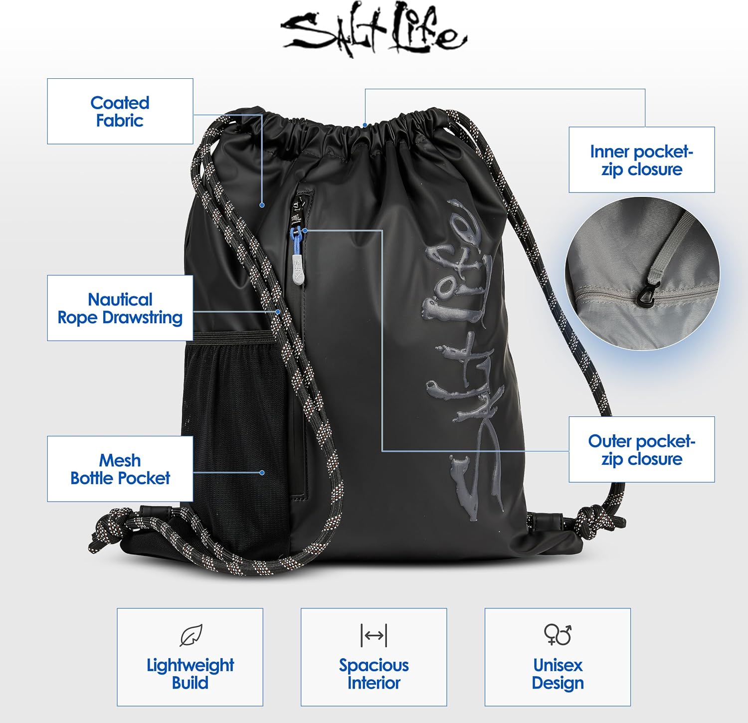 Salt Life Drawstring Backpack for Men and Women - Small Draw String Cinch Gym Bag with Water Bottle Pocket and Zipper Pocket