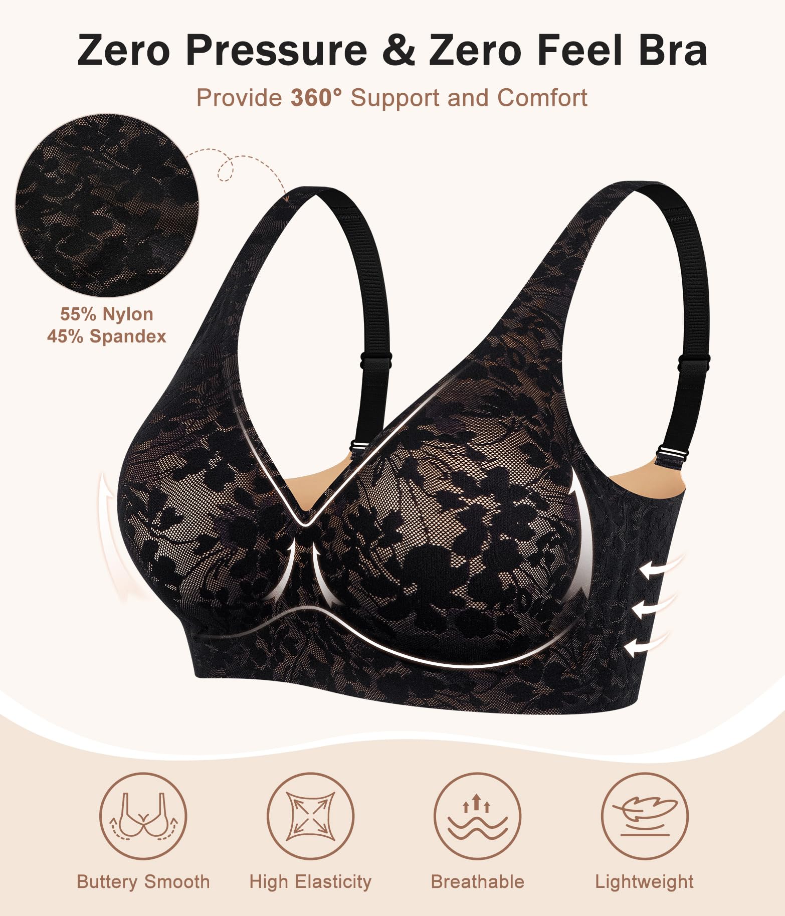 Push Up Soutien Gorge sans Armature Deep V Floral Dentelle Confortable Rembourré Soutien-Gorge Sexy Bralette pour T-Shirt Travail Rendez-Vous Galant