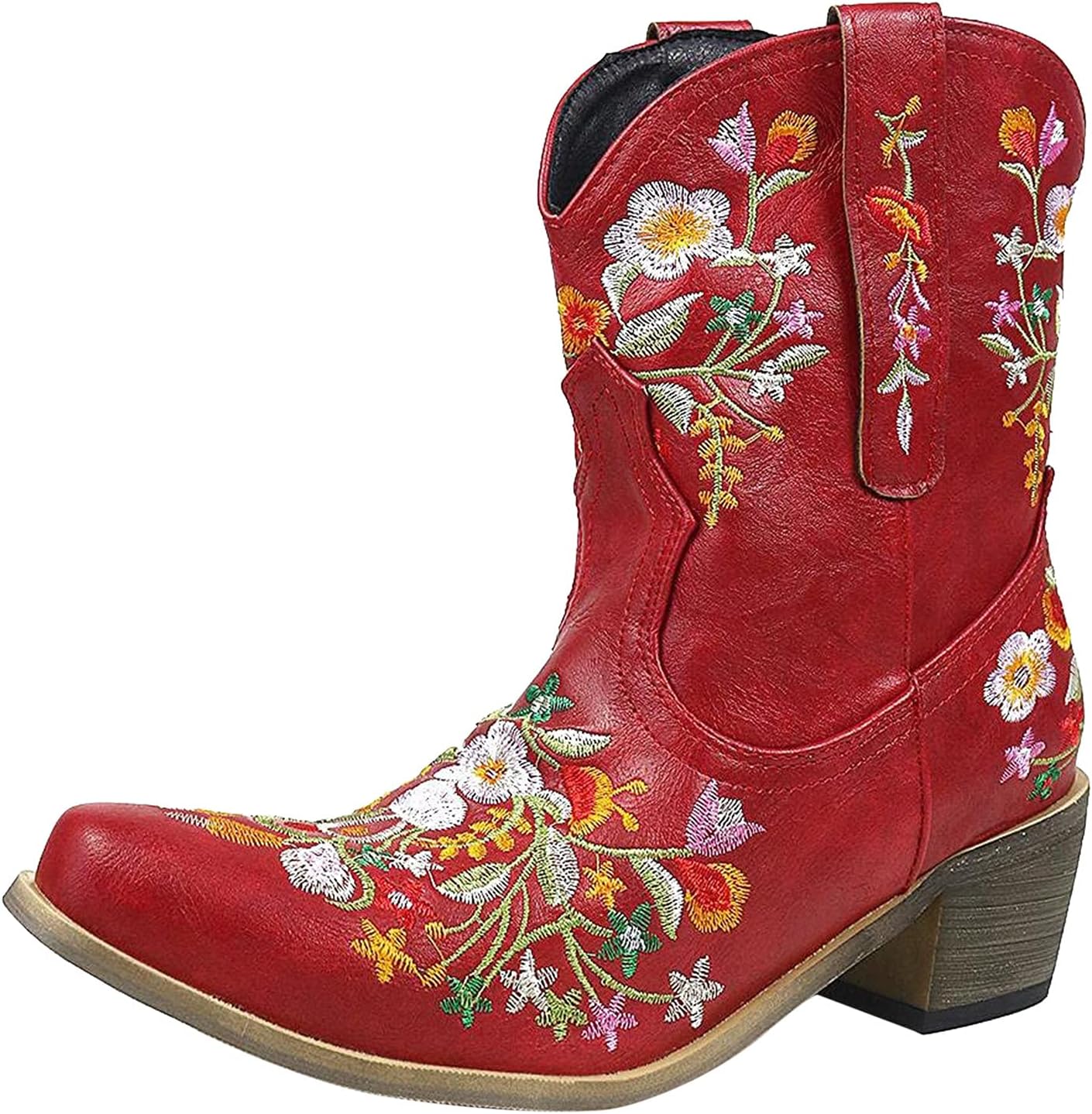 FullweiCowboy Booties for Women,Women Embroidery Cowgirl Wide Combat Ethnic Ankle Boot Ladies Casual Pull-Up Western Low Heels Short Motorcycle Riding Walking Shoe