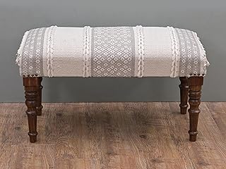 Entryway Mango Wooden Bench Table for Home Dining Room Bedroom| 2 Seater Bench | Modern Design Handmade Cotton Fabric upholstered 31.4" D x 15.7" W x 17.7" H(White)