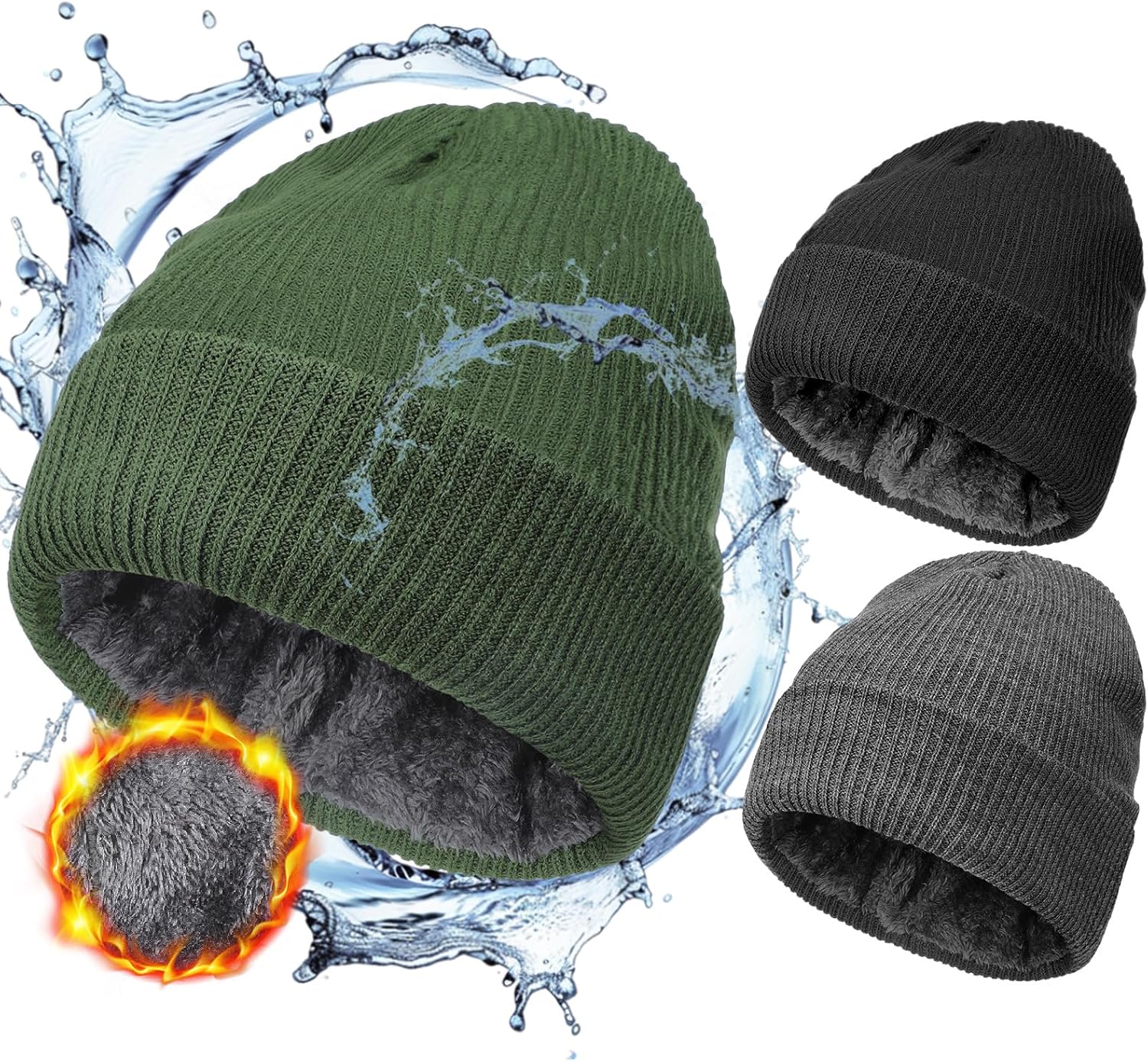 Jeyiour 3 Pcs Waterproof Beanie Fleece Lined Thermal Winter Hat Waterproof Windproof Knit Cap for Men Women Hiking Skiing