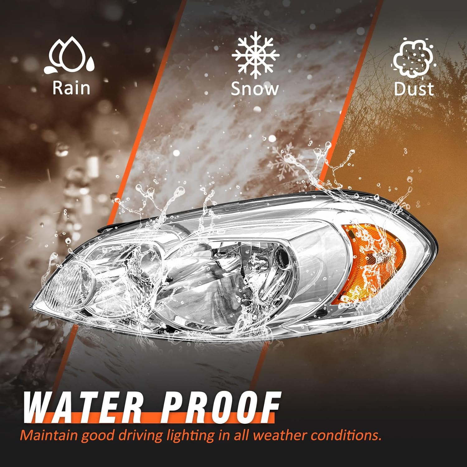 Headlights Assembly for 2006-2013 Chevy Impala | 2014-2016 Chevy Impala Limited | 2006-2007 Chevy Monte Carlo Chrome Housing Amber Reflector Replacement Driver and Passenger Side