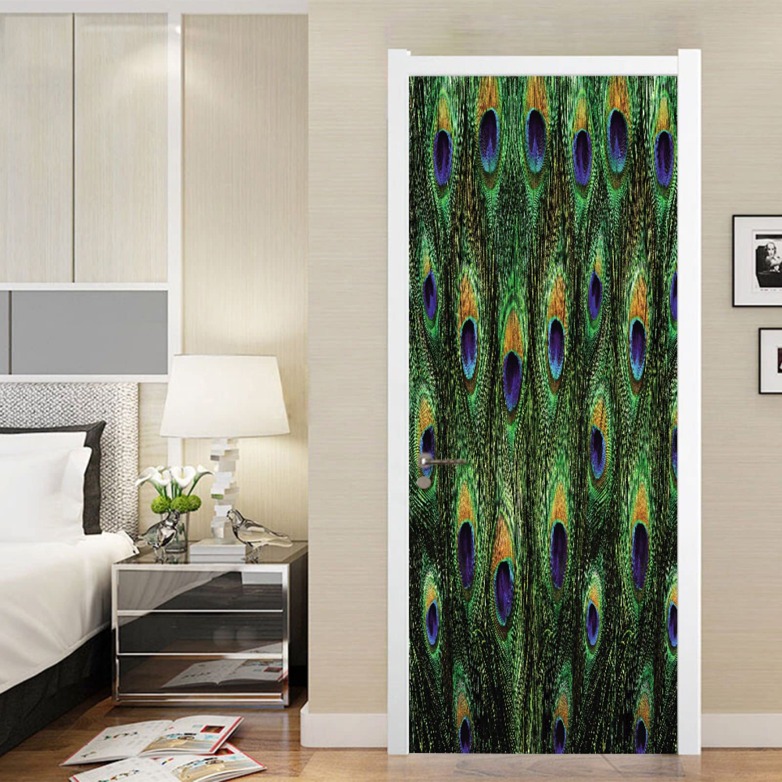 Sticker de porte paon vert 90x200cm autocollant mural trompe l'oeil pour salon et chambre
