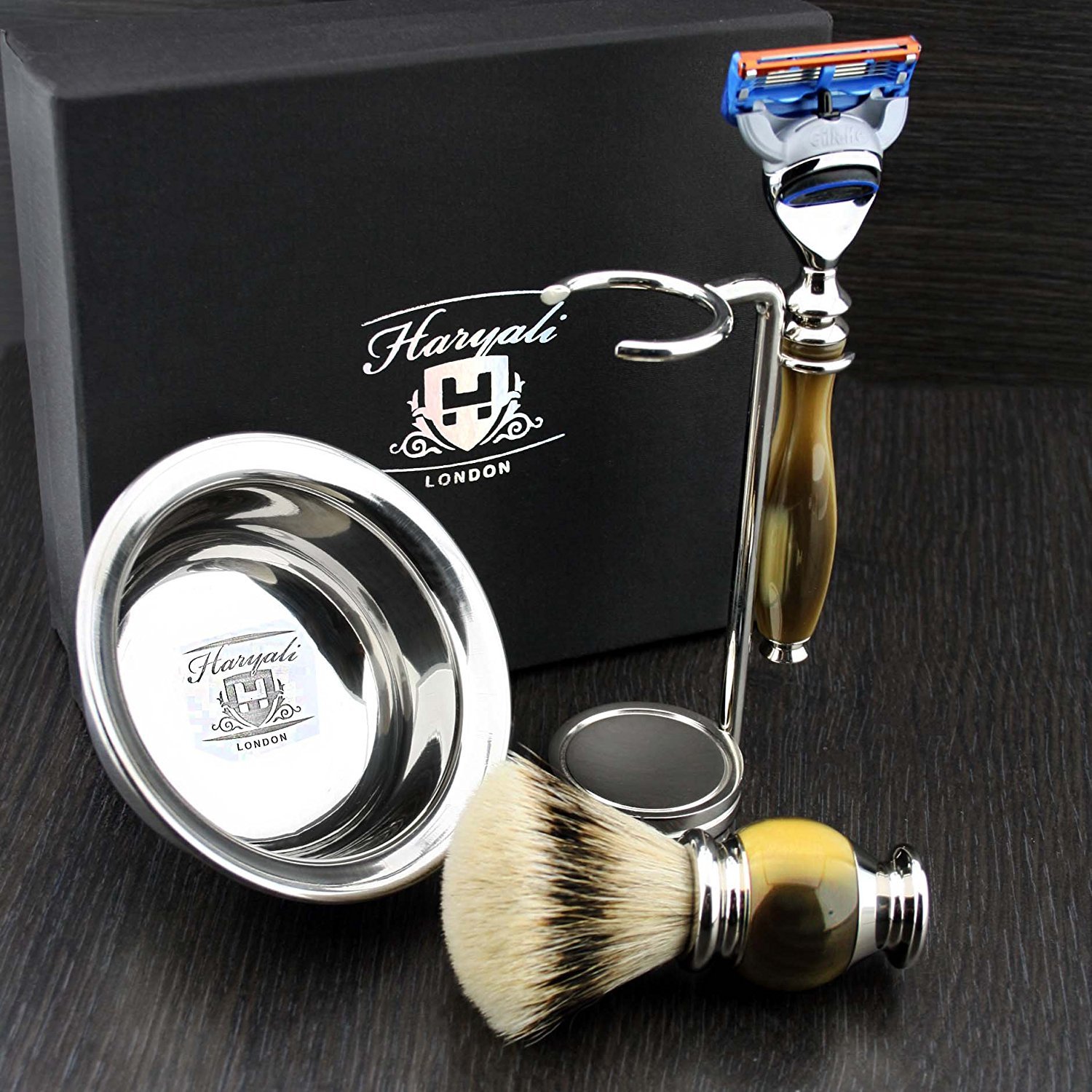 Set da barba da uomo, 4 pezzi, con testa di rasatura, punta argentata, doppio supporto in acciaio inox e ciotola da rasatura, set di nuova concezione