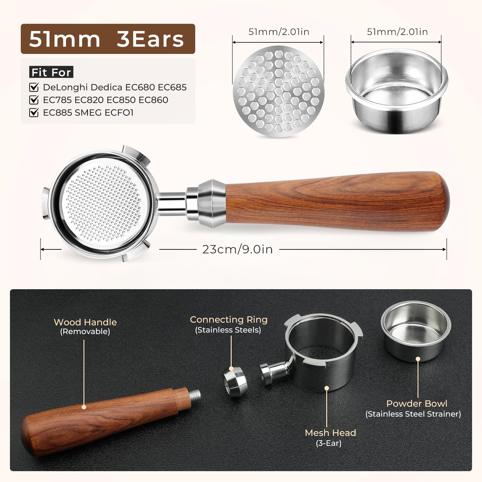 Alouweekuky Porte-filtre Sans Fond 51mm, 3 Ears Bottomless Portafilter