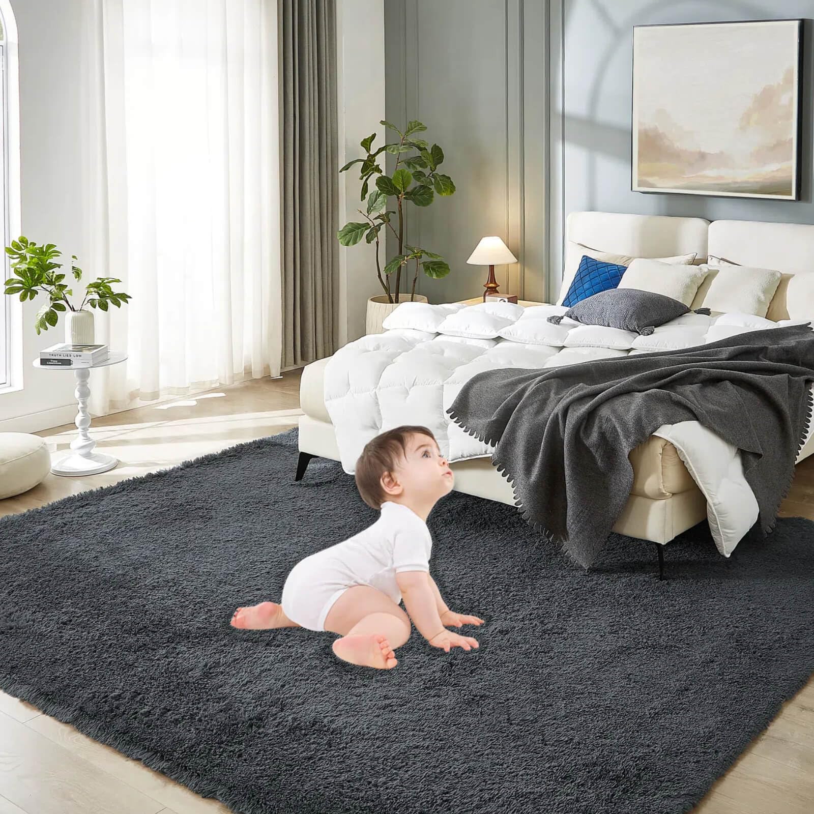 Floralux 8x10 Rugs for Bedroom Dark Grey Large Area Rug for Living Room Soft Fluffy Shag Carpet