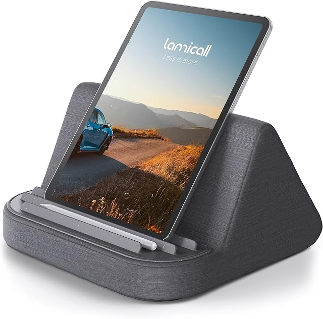 Lamicall Pillow Pad Tablet Holder - Soft Tablet Cushion Stand for Bed Lap, Tablet Pillow with Pocket, for iPad Pro 12.9, 10.5, 9.7, iPad Air Mini 6 5 4 3 2, Samsung Tab, iPhone, 4-13 Tablet - Grey