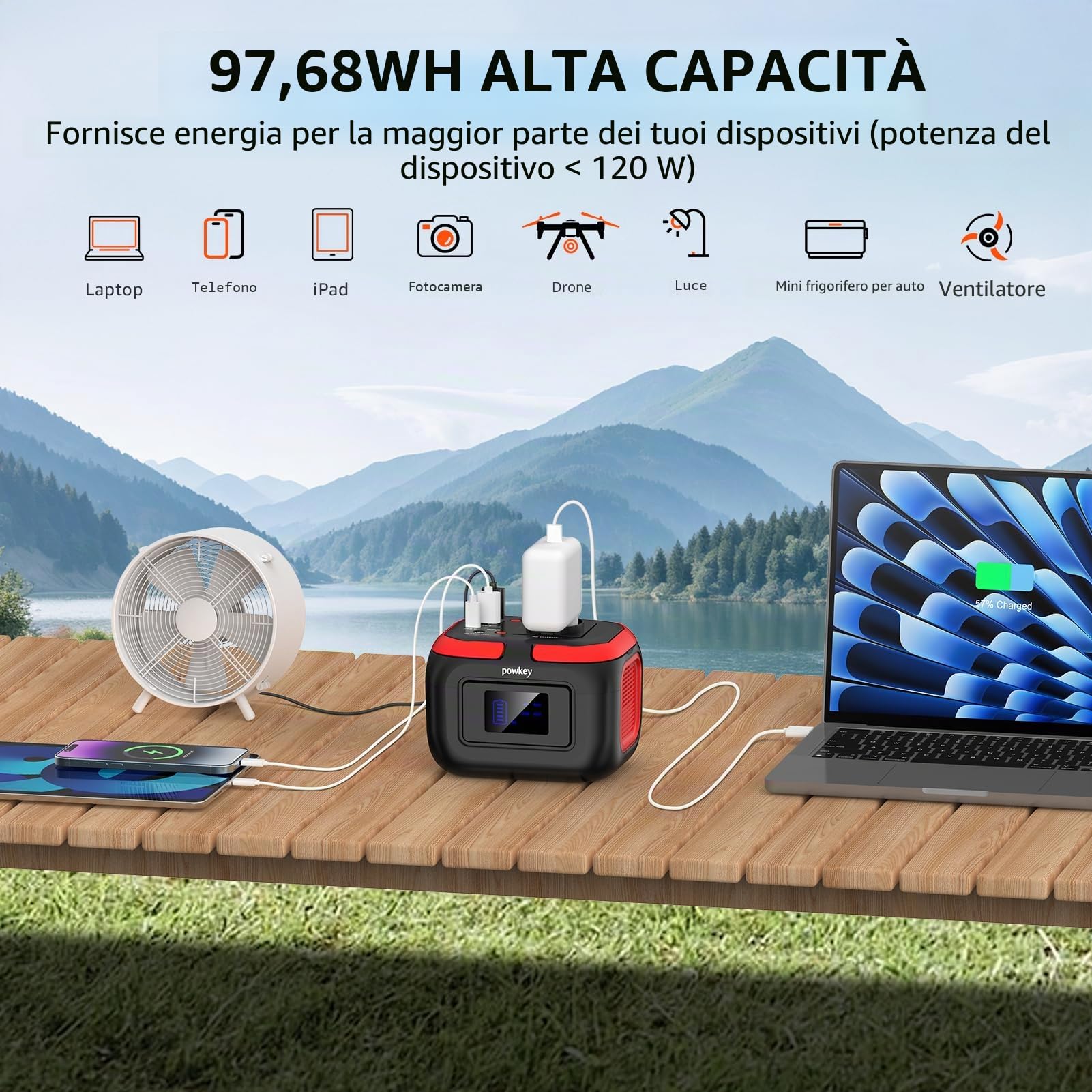 Powkey Power station portatile 26400 mAh/97,68 Wh, power bank con presa 120 W 230 V AC uscita 12 V 6 A DC, gruppo elettrogeno di emergenza con LED e SOS, generatore solare per campeggio, viaggi