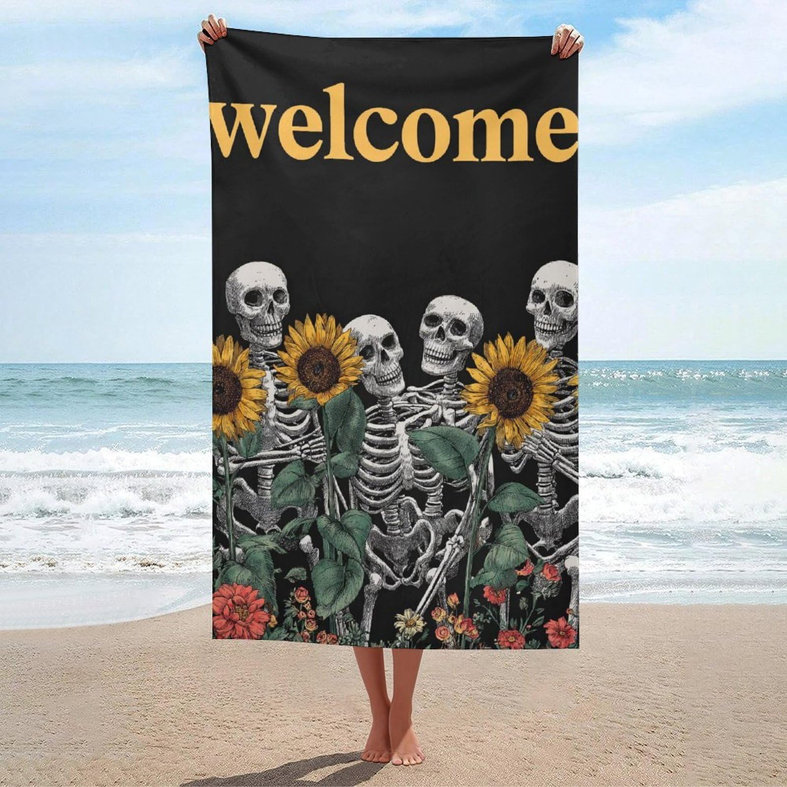 asbwuo Several Skeletons Holding Sunflowers Welcome Beach Towel