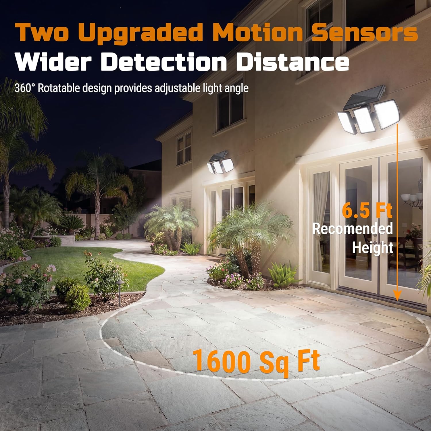 EverBrite Solar Lights Outdoor, 128 LED 7000K Motion Sensor Outdoor Lights, 3 Heads Security LED Floodlights, IP65 Waterproof, 270° Wide Angle Outdoor Solar Lights for Yard, Patio (2 Pack)