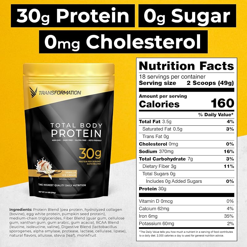 Transformation Protein Super Blend | Egg White, Collagen Peptides, and Plant Protein | 15 Billion CFU Probiotics | Digestive Enzymes | MCT Oil | BCAAs | Low Carb Shake for Men & Women | Vanilla image 2
