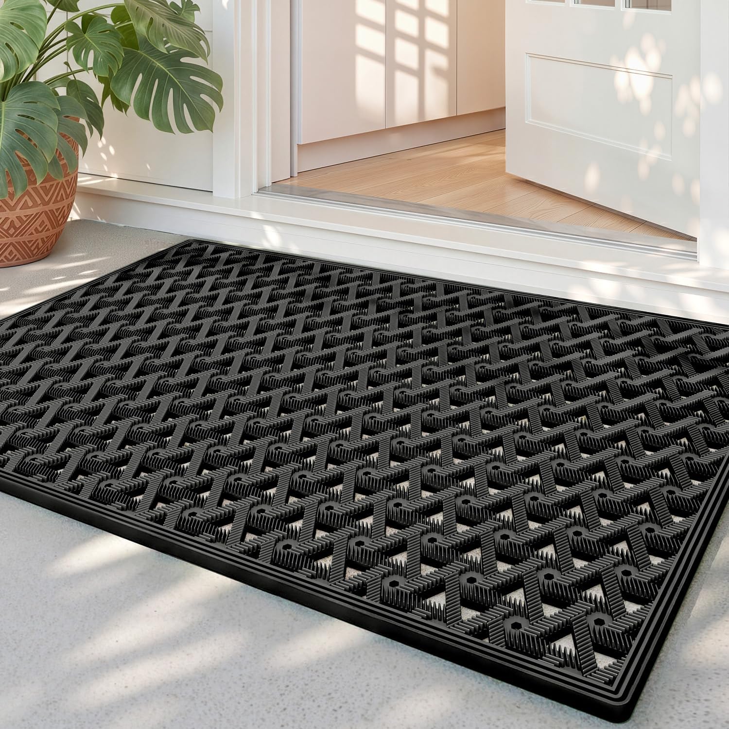 Front Door Mat Outside Entrance with Drainage, 19x30 Rubber Non Slip Dirt Trap Outdoor Doormat, Heavy Duty Waterproof Entry Mat for Entryway Patio, All Black