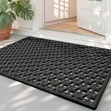 Front Door Mat Outside Entrance with Drainage, 19x30 Rubber Non Slip Dirt Trap Outdoor Doormat, Heavy Duty Waterproof Entry Mat for Entryway Patio, All Black
