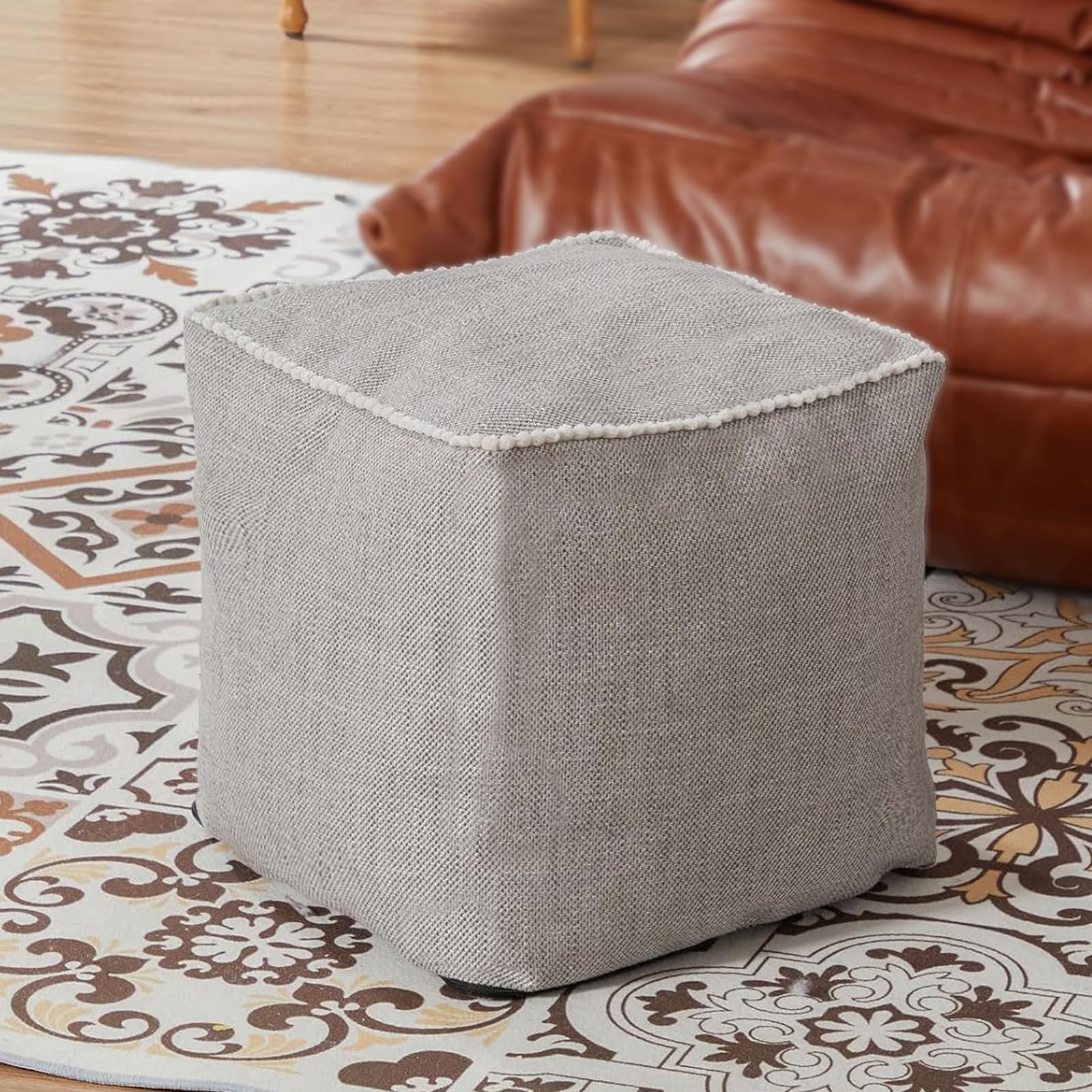 Louis Donné Boho Unstuffed Pouf Square Ottoman Neutral Decorative Ottoman Poof Cover Footstool with Plush Lace for Living Room Chair Couch Sofa (15 inch, Khaki)-image-35